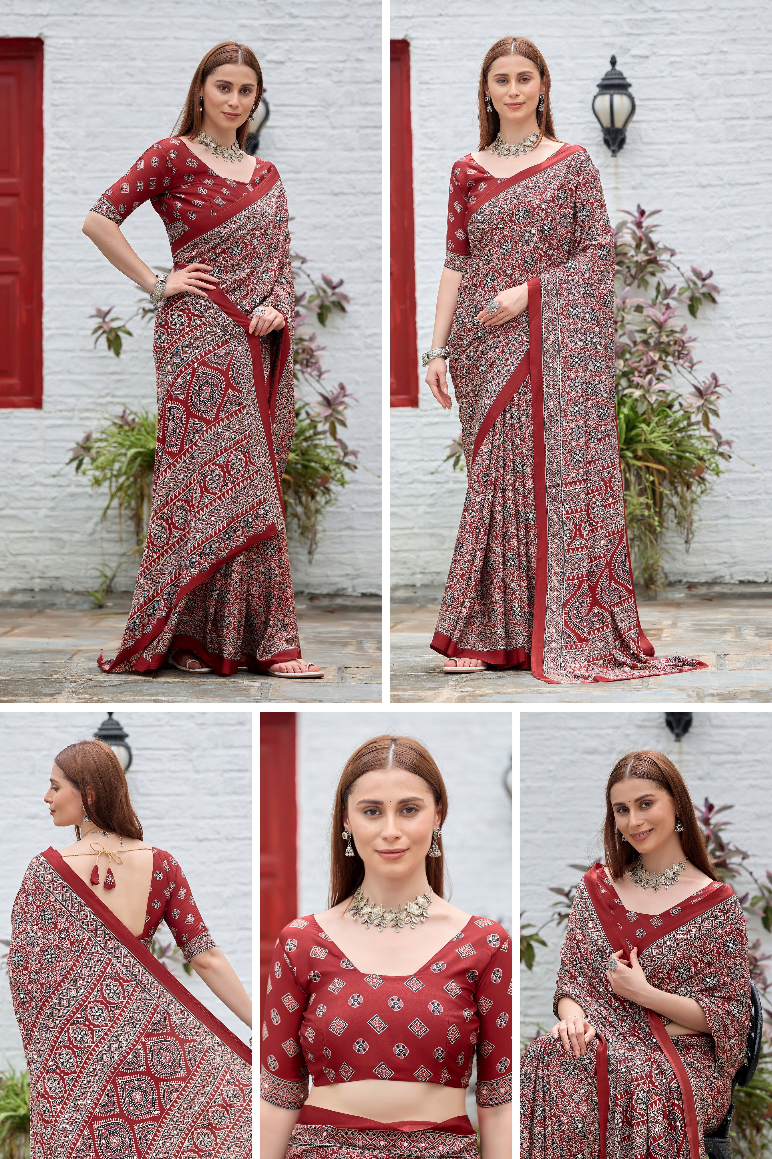 AZRAK Mirror Ajrakh Print Crepe Saree - Red