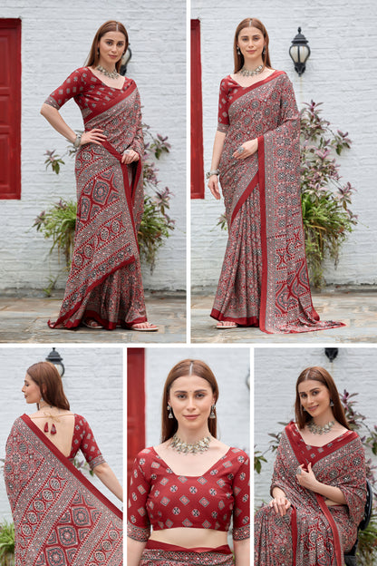 AZRAK Mirror Ajrakh Print Crepe Saree - Red