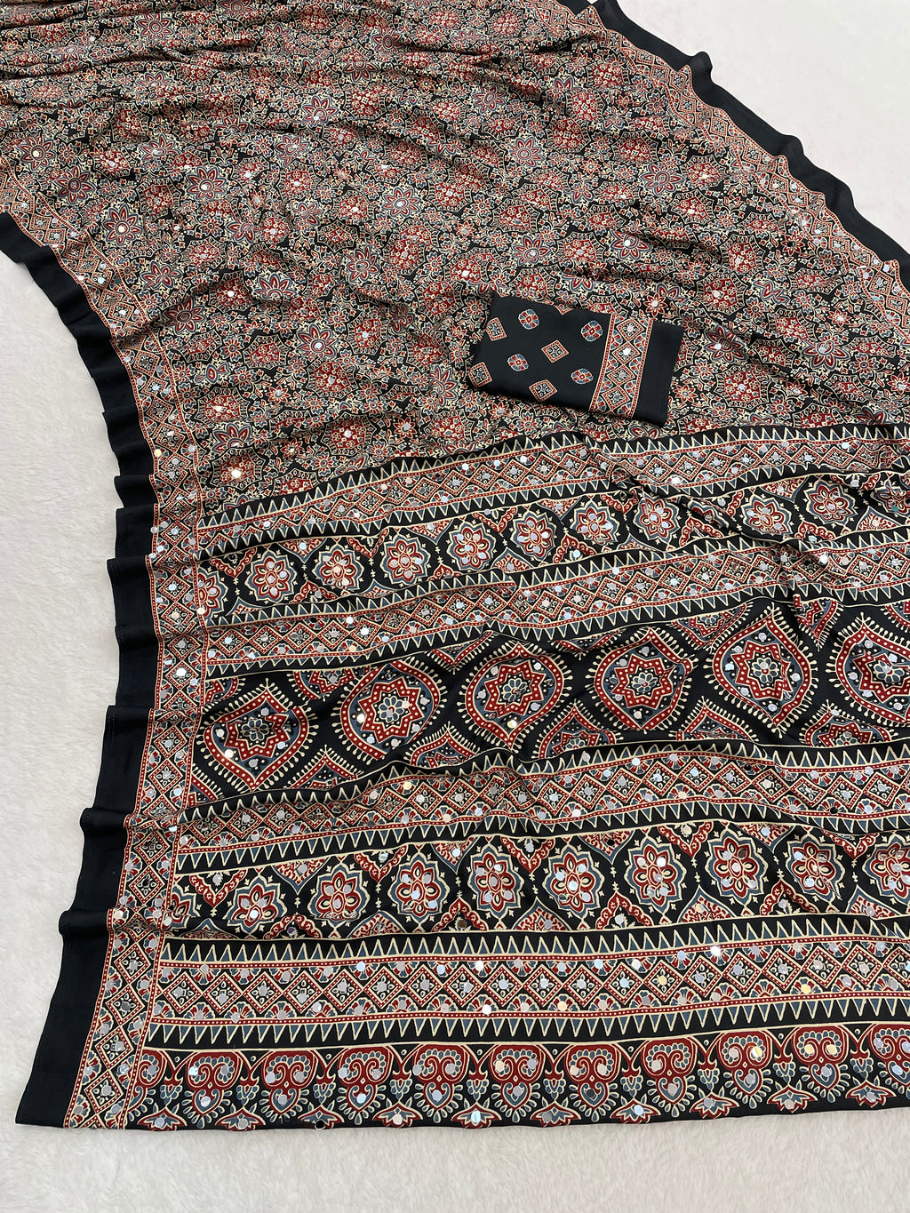AZRAK Mirror Ajrakh Print Crepe Saree
