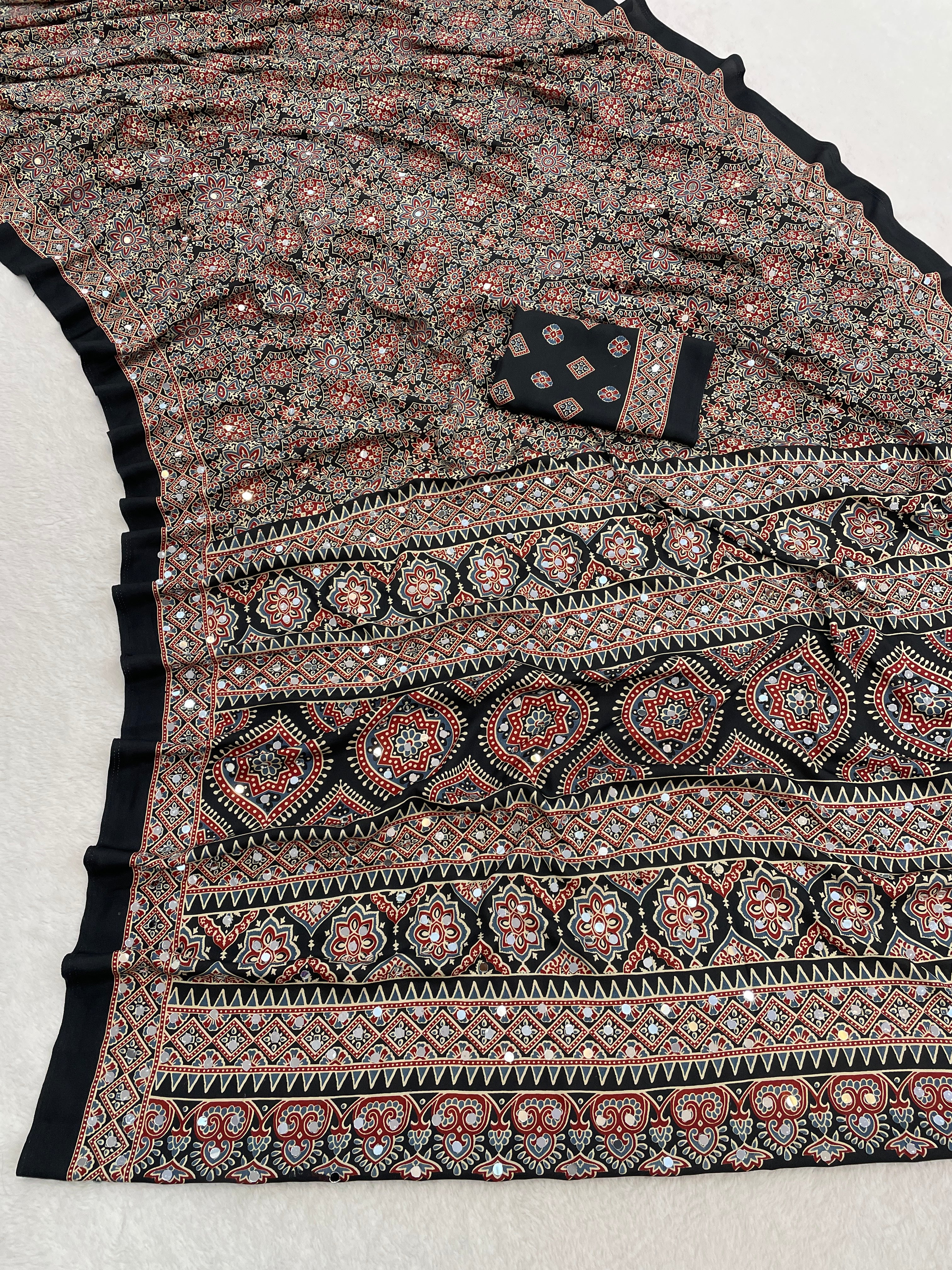 AZRAK Mirror Ajrakh Print Crepe Saree