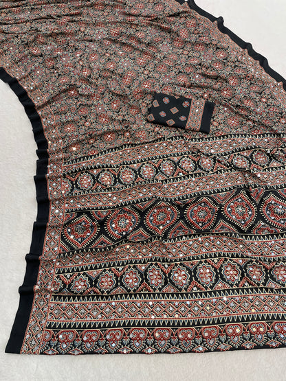 AZRAK Mirror Ajrakh Print Crepe Saree - Black I