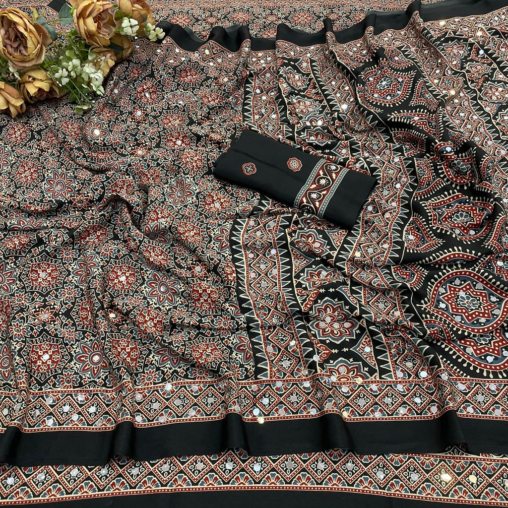 AZRAK Mirror Ajrakh Print Crepe Saree