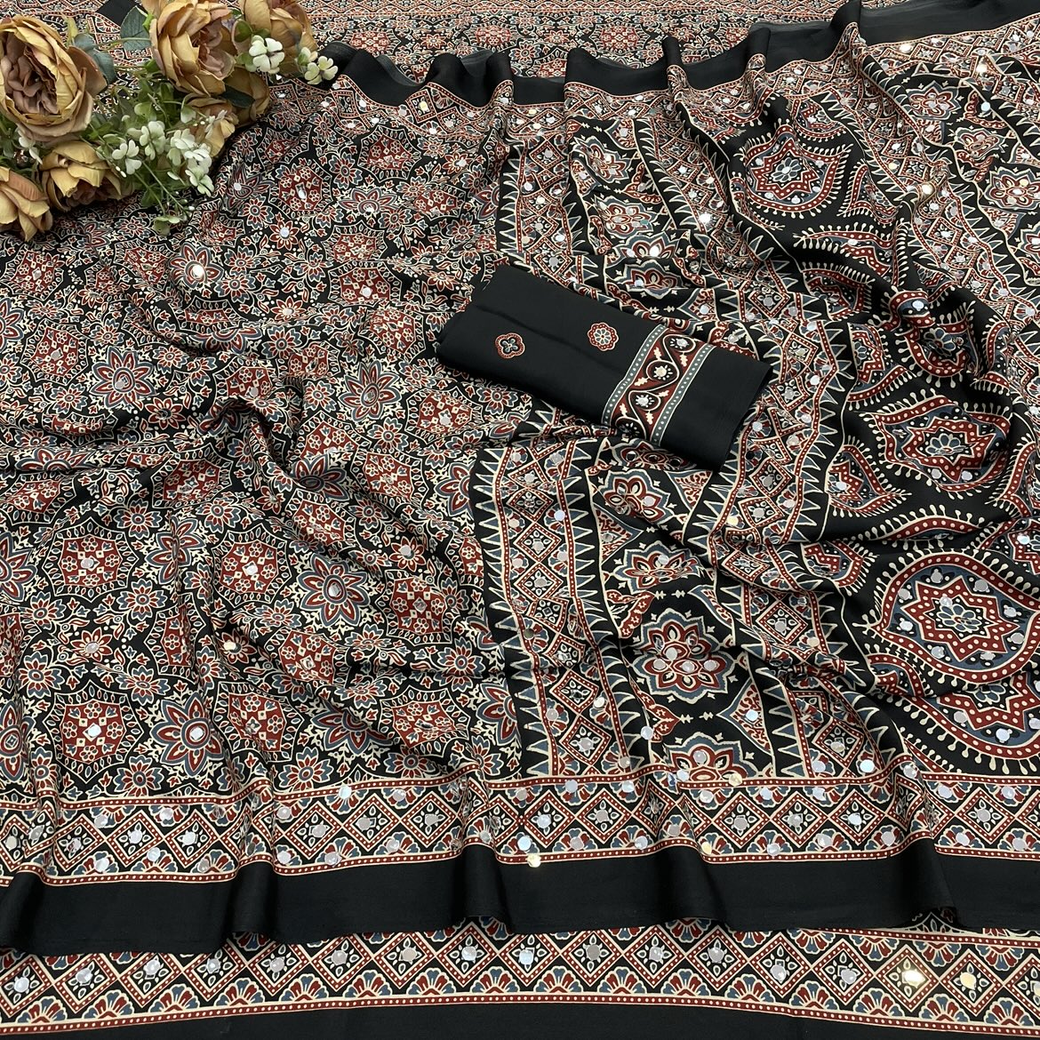 AZRAK Mirror Ajrakh Print Crepe Saree