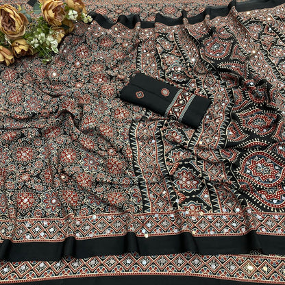 AZRAK Mirror Ajrakh Print Crepe Saree - Black I