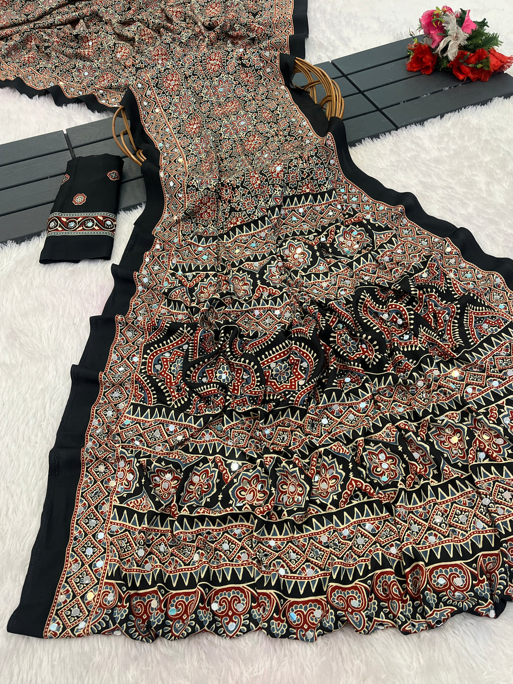 AZRAK Mirror Ajrakh Print Crepe Saree