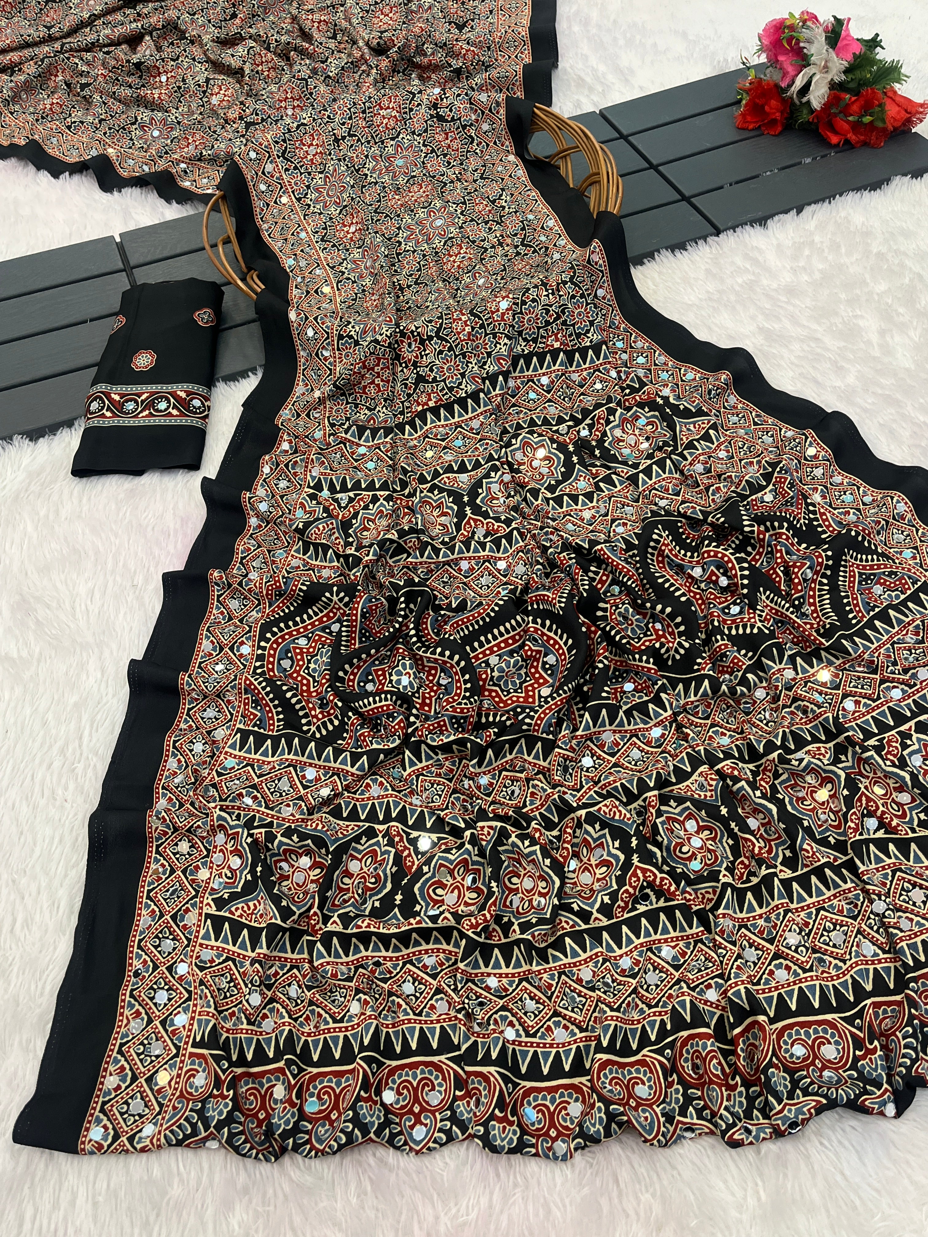AZRAK Mirror Ajrakh Print Crepe Saree