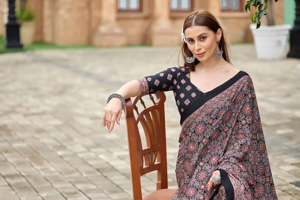 AZRAK Mirror Ajrakh Print Crepe Saree