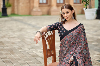 AZRAK Mirror Ajrakh Print Crepe Saree - Black I