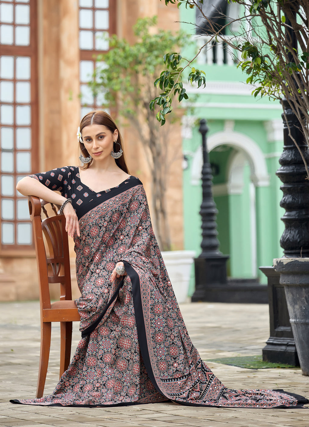 AZRAK Mirror Ajrakh Print Crepe Saree