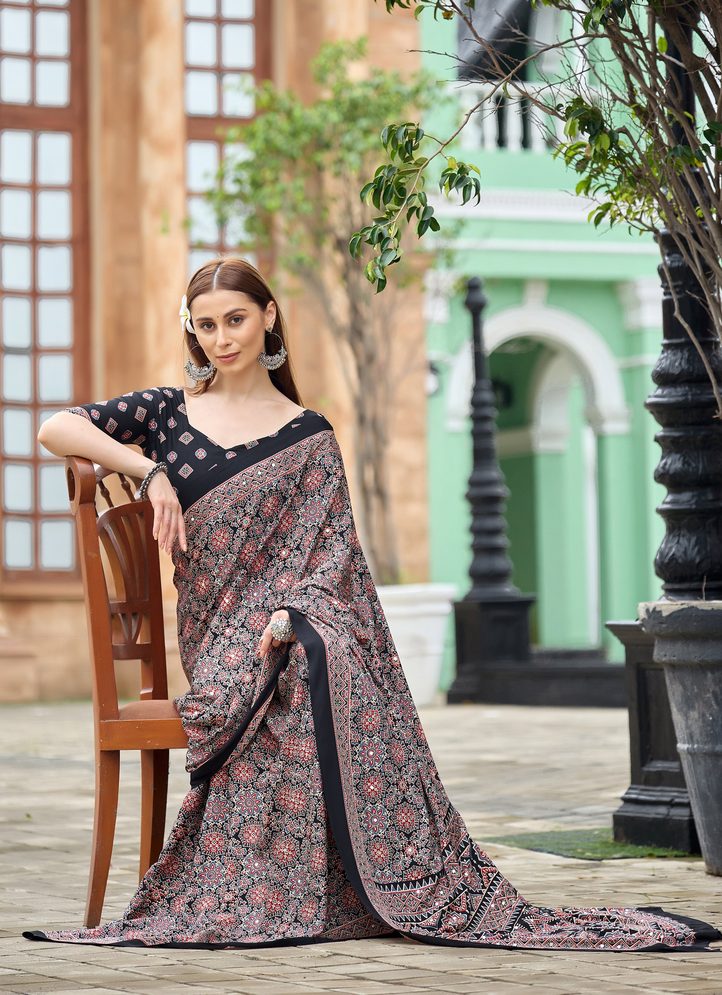AZRAK Mirror Ajrakh Print Crepe Saree