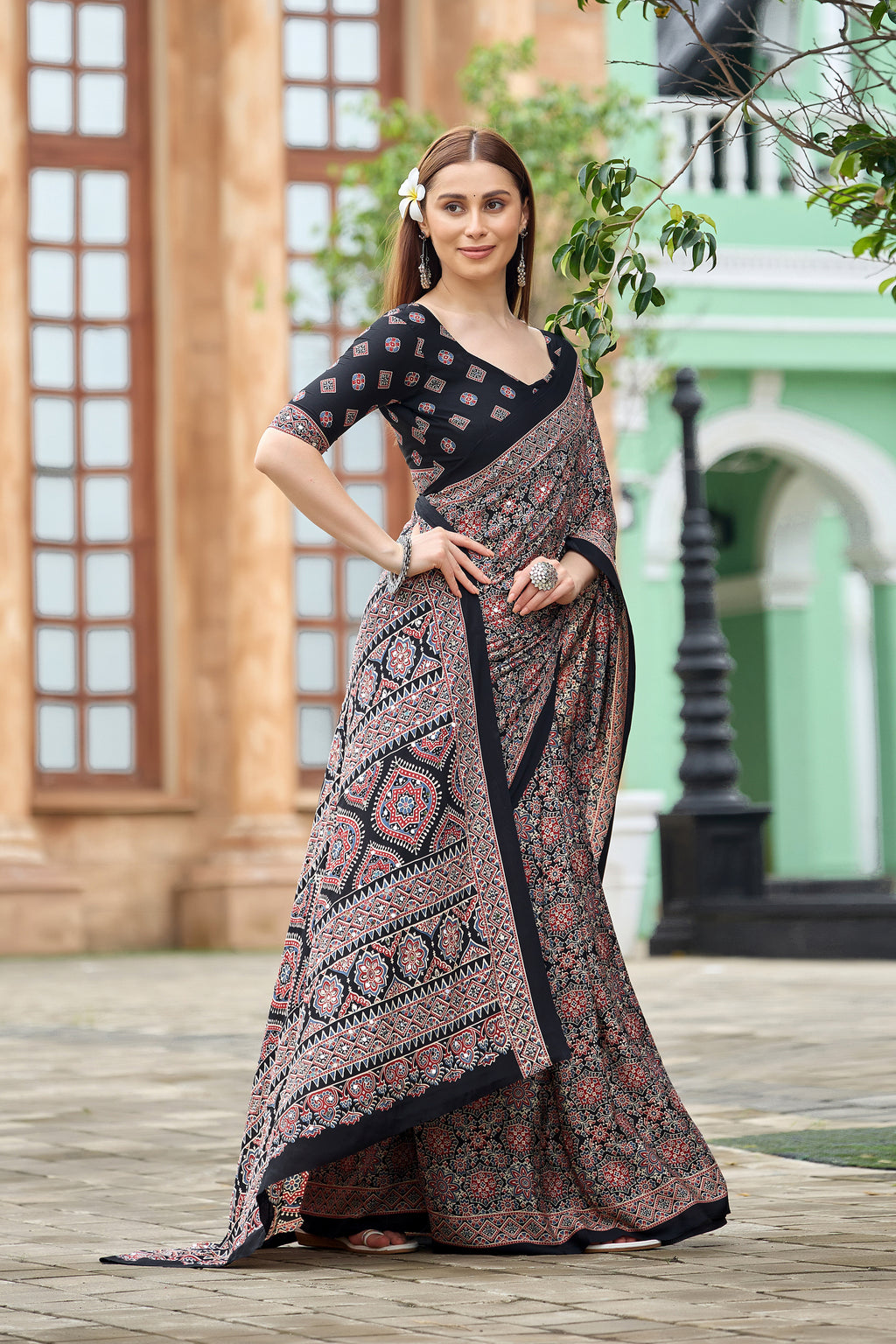 AZRAK Mirror Ajrakh Print Crepe Saree