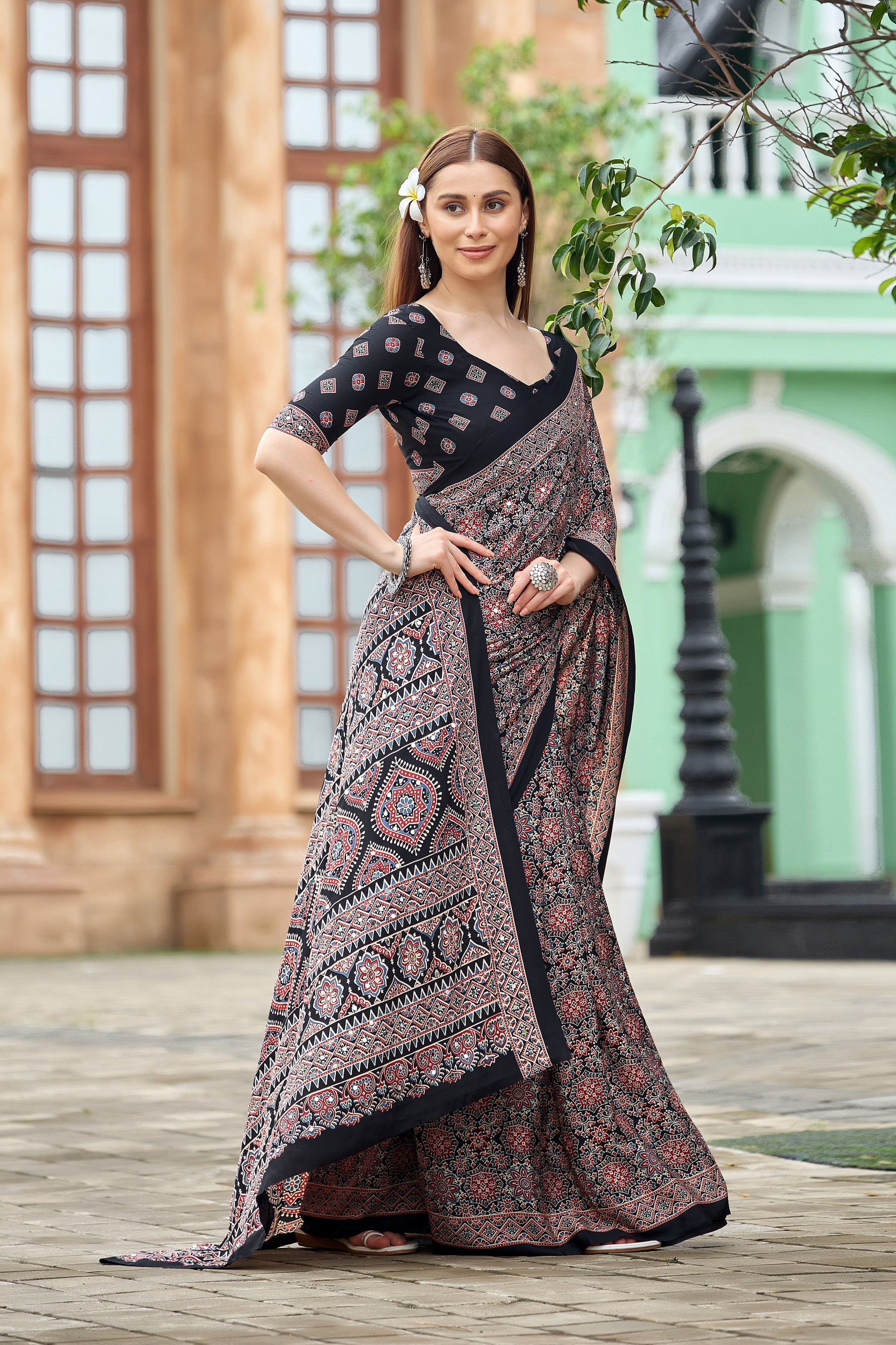 AZRAK Mirror Ajrakh Print Crepe Saree