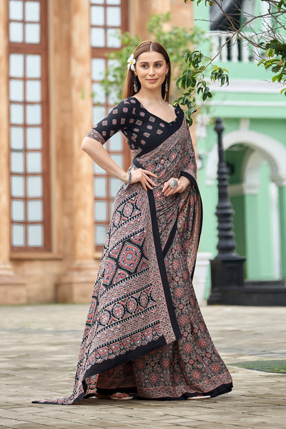 AZRAK Mirror Ajrakh Print Crepe Saree - Black I