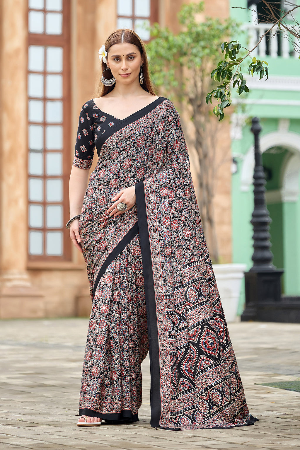 AZRAK Mirror Ajrakh Print Crepe Saree