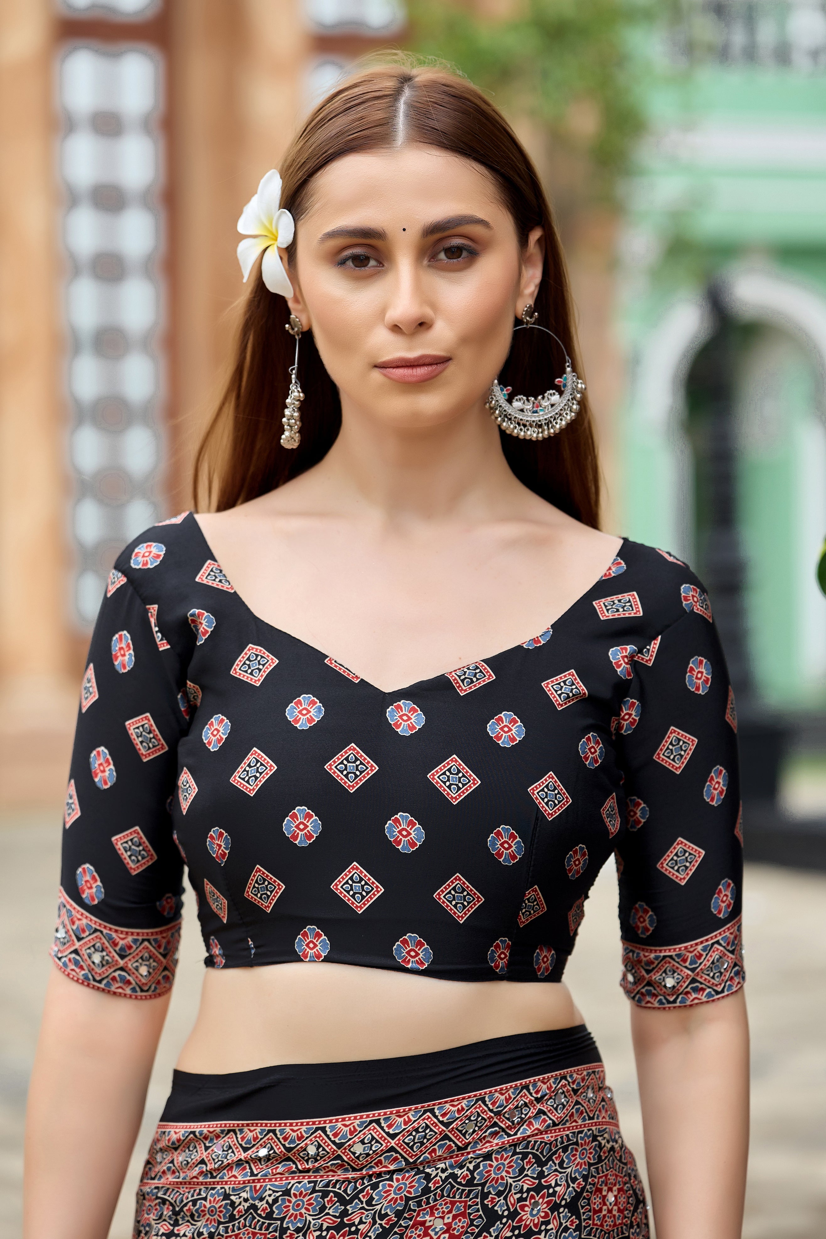 AZRAK Mirror Ajrakh Print Crepe Saree