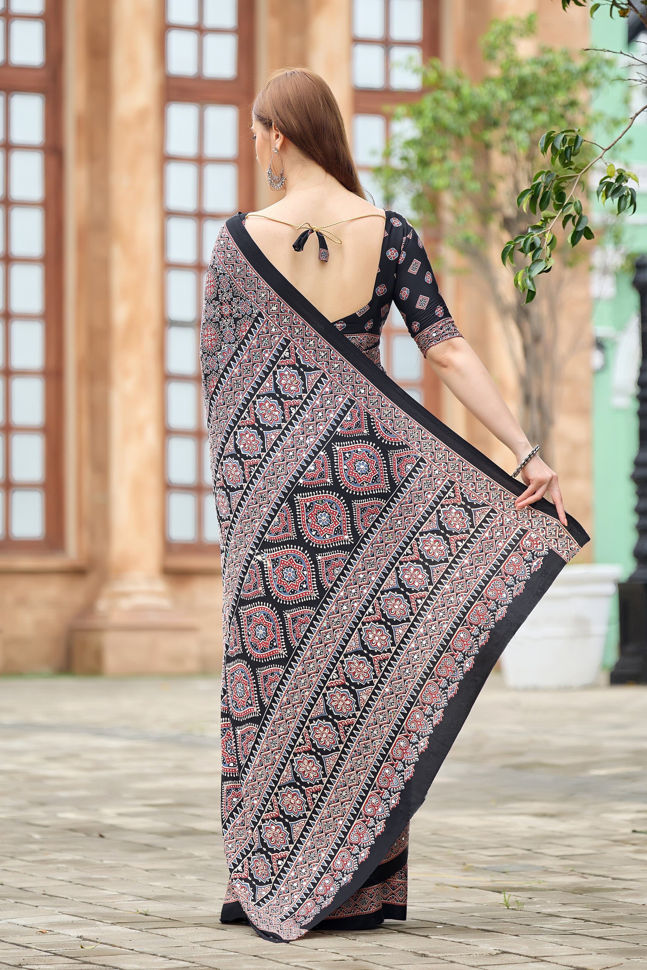 AZRAK Mirror Ajrakh Print Crepe Saree
