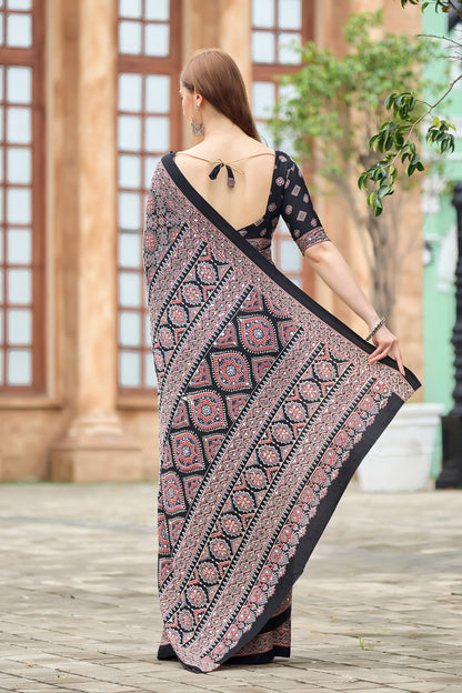 AZRAK Mirror Ajrakh Print Crepe Saree - Black I