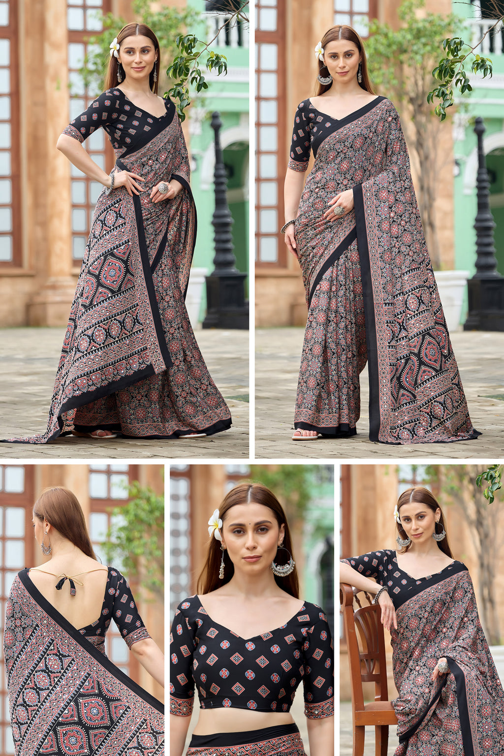AZRAK Mirror Ajrakh Print Crepe Saree