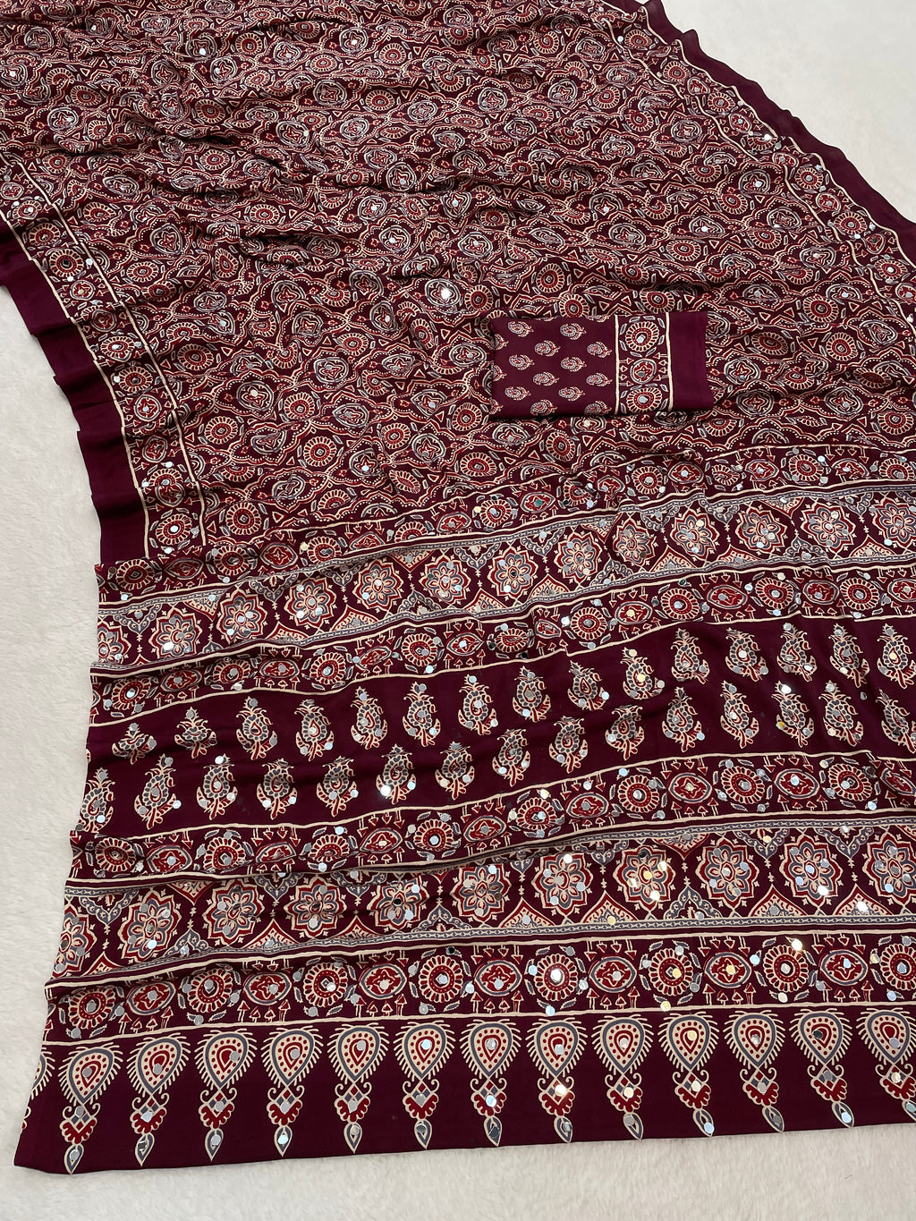 AZRAK Mirror Ajrakh Print Crepe Saree - Maroon