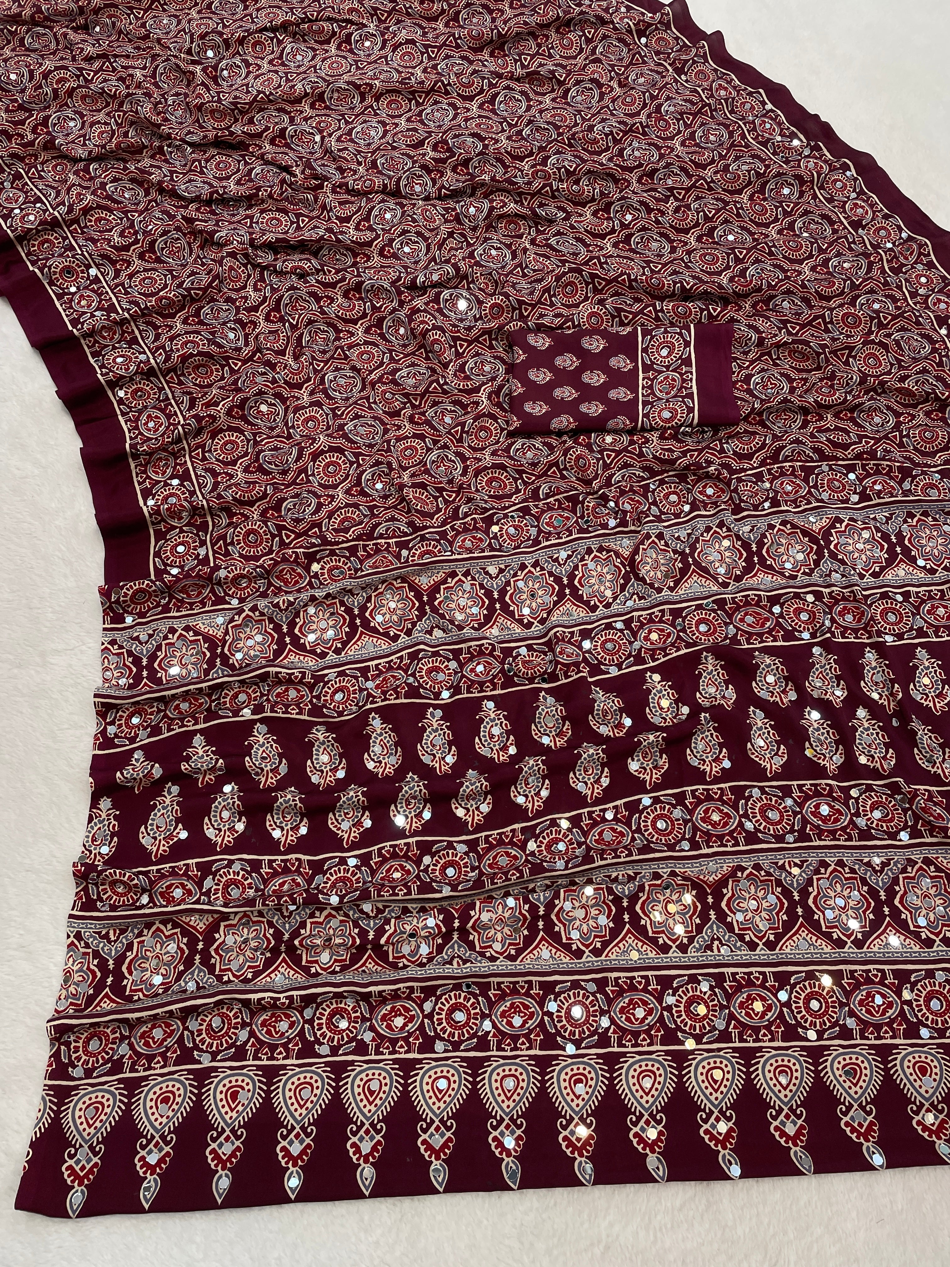 AZRAK Mirror Ajrakh Print Crepe Saree - Maroon