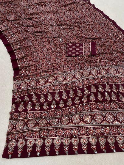 AZRAK Mirror Ajrakh Print Crepe Saree - Maroon