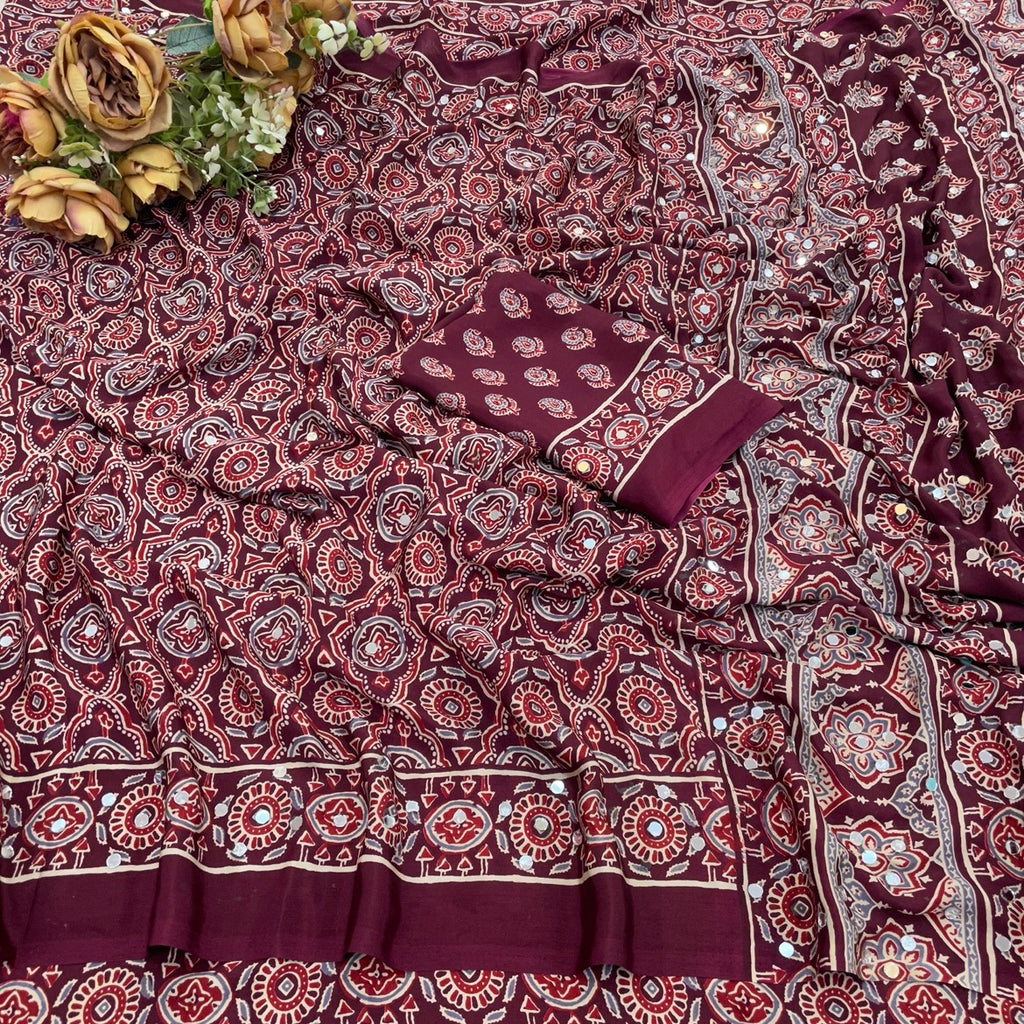 AZRAK Mirror Ajrakh Print Crepe Saree - Maroon