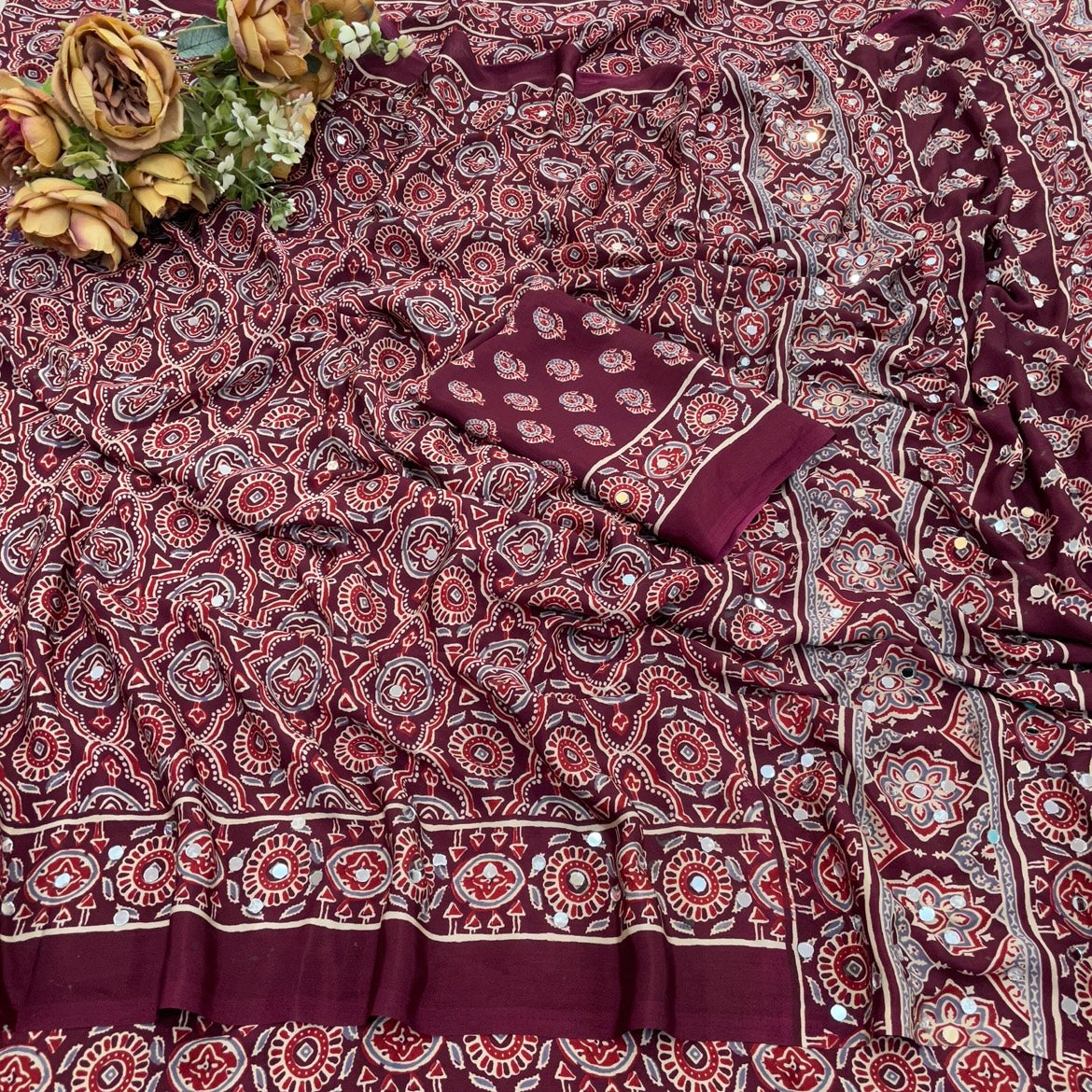 AZRAK Mirror Ajrakh Print Crepe Saree - Maroon