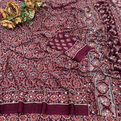 AZRAK Mirror Ajrakh Print Crepe Saree - Maroon
