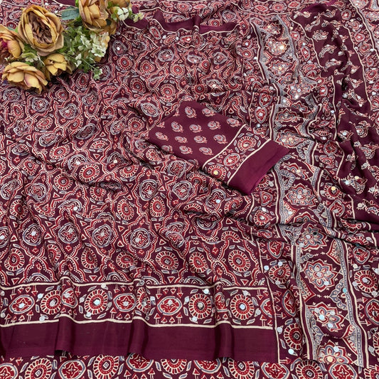 AZRAK Mirror Ajrakh Print Crepe Saree - Maroon