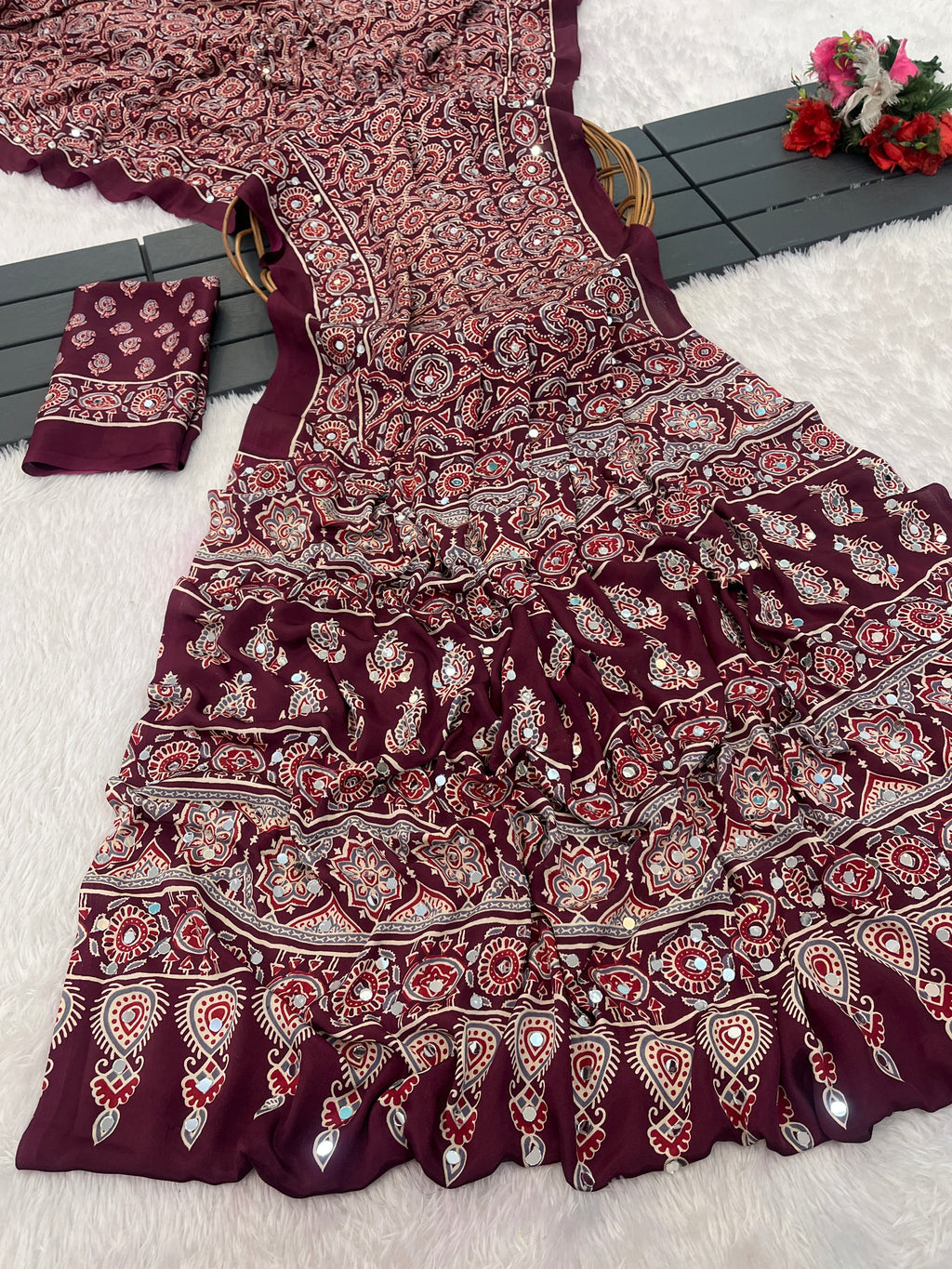 AZRAK Mirror Ajrakh Print Crepe Saree - Maroon