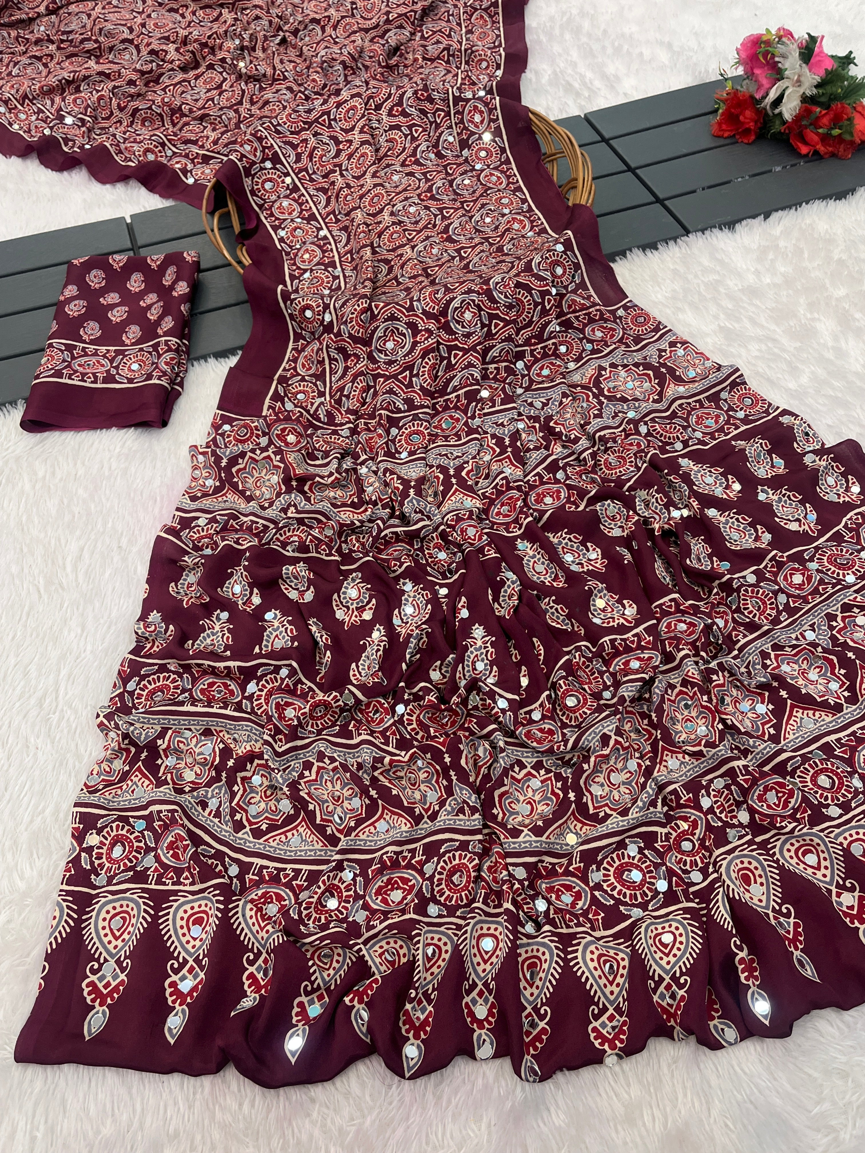 AZRAK Mirror Ajrakh Print Crepe Saree - Maroon