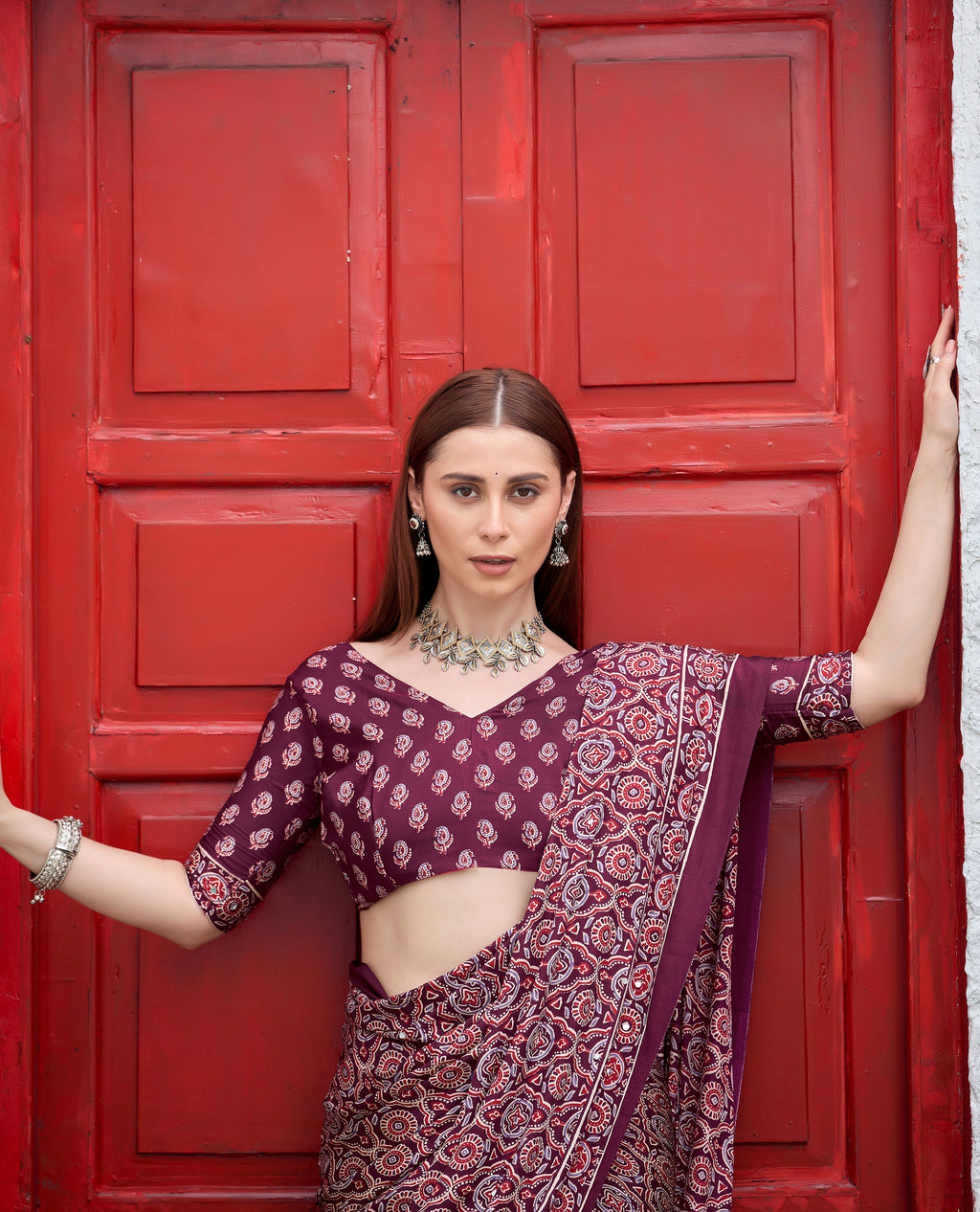 AZRAK Mirror Ajrakh Print Crepe Saree - Maroon