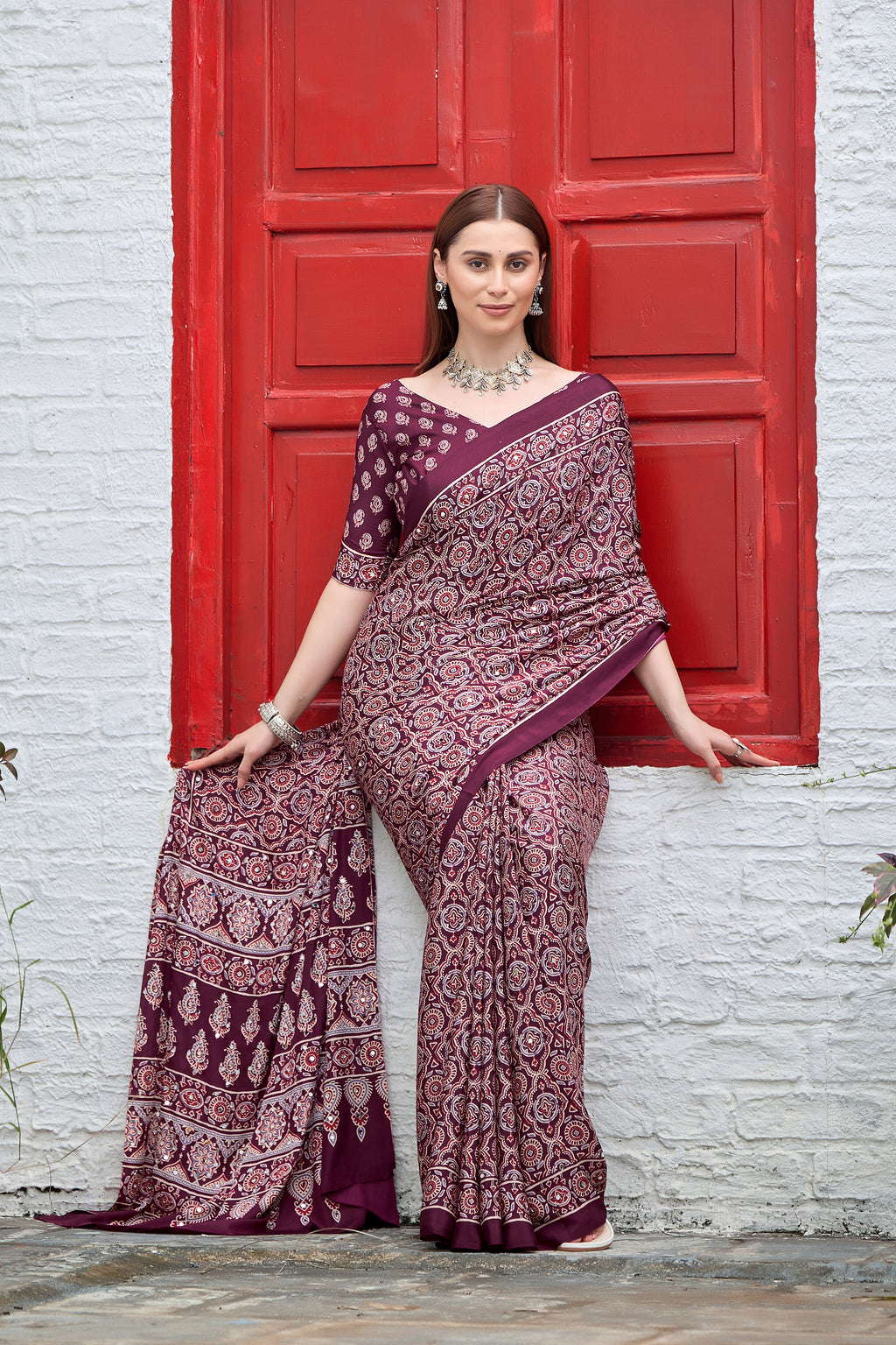 AZRAK Mirror Ajrakh Print Crepe Saree - Maroon