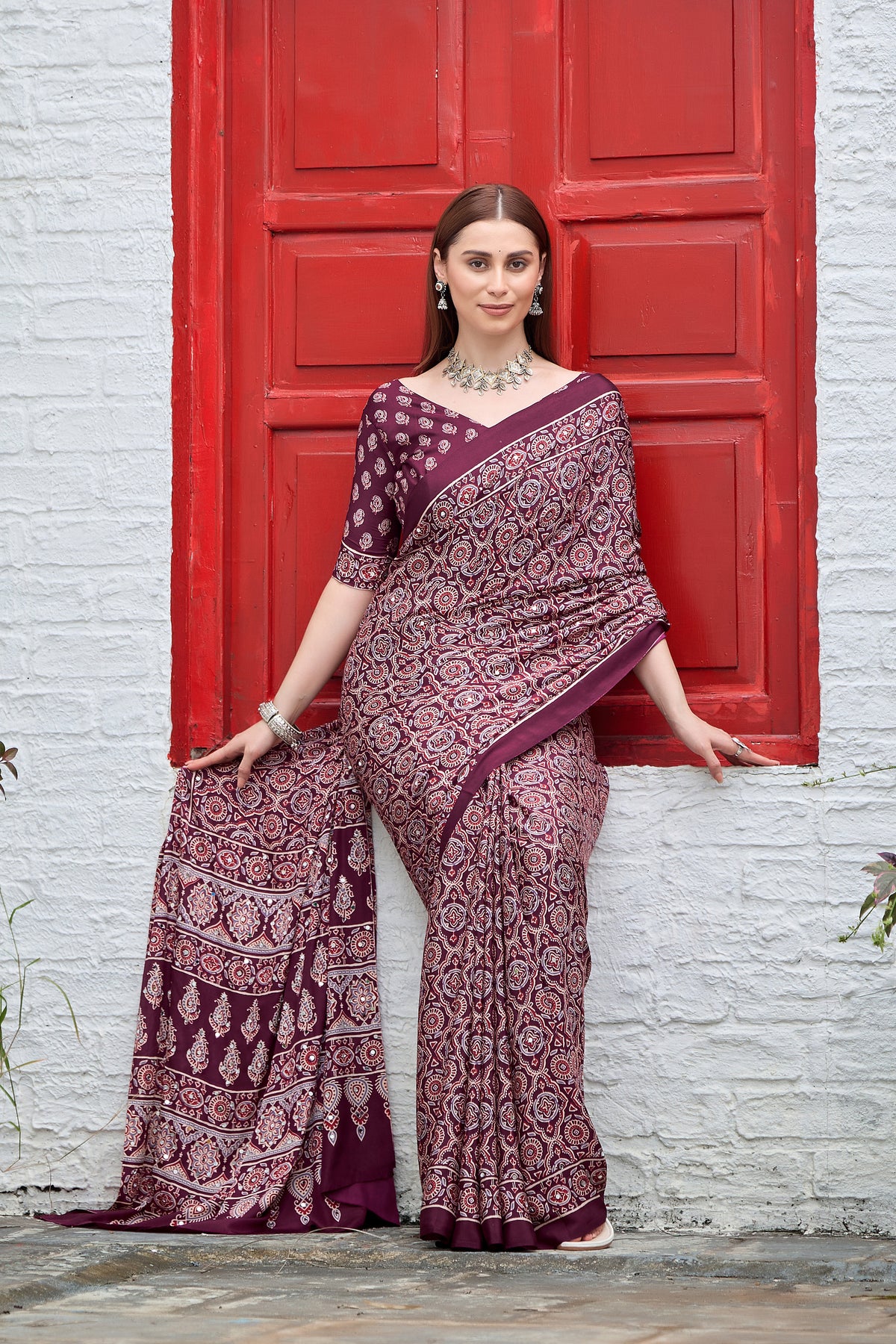 AZRAK Mirror Ajrakh Print Crepe Saree - Maroon