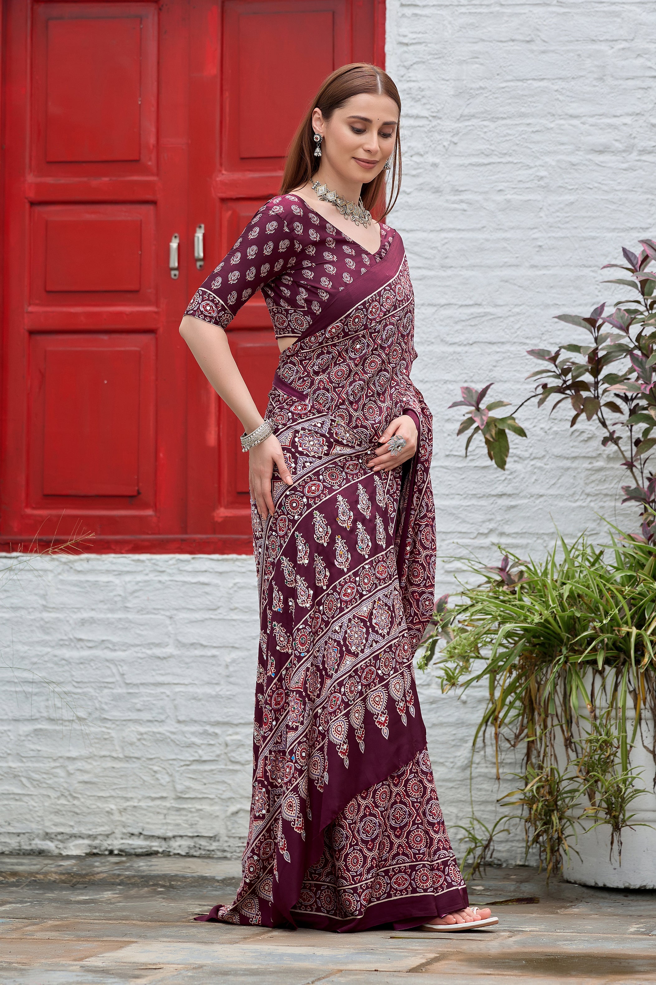 AZRAK Mirror Ajrakh Print Crepe Saree - Maroon