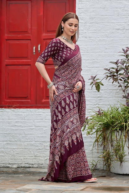 AZRAK Mirror Ajrakh Print Crepe Saree - Maroon