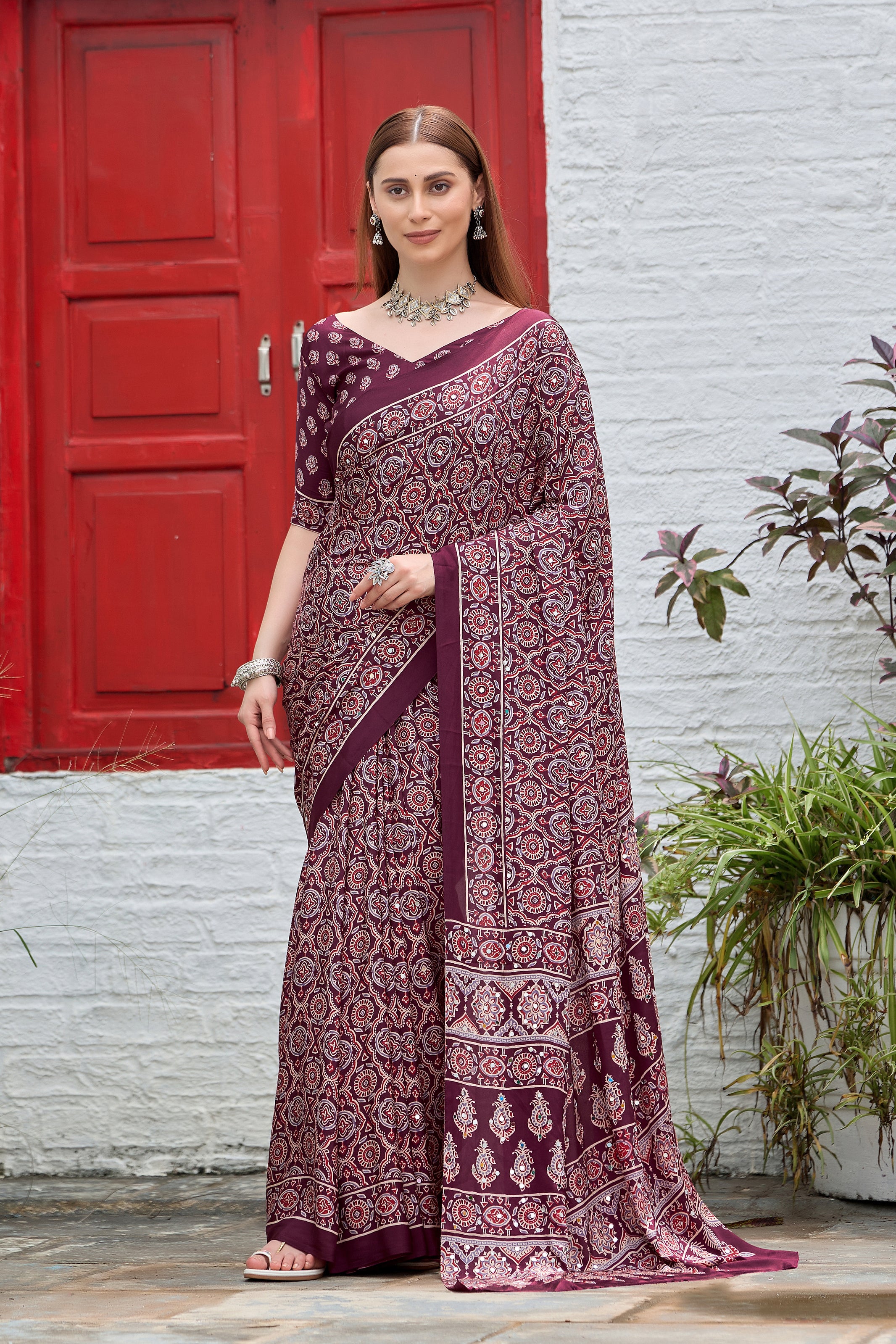 AZRAK Mirror Ajrakh Print Crepe Saree - Maroon