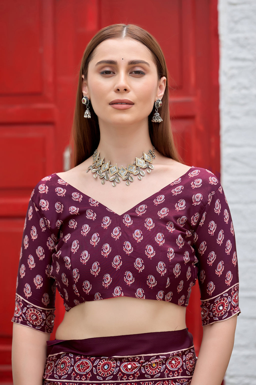 AZRAK Mirror Ajrakh Print Crepe Saree - Maroon