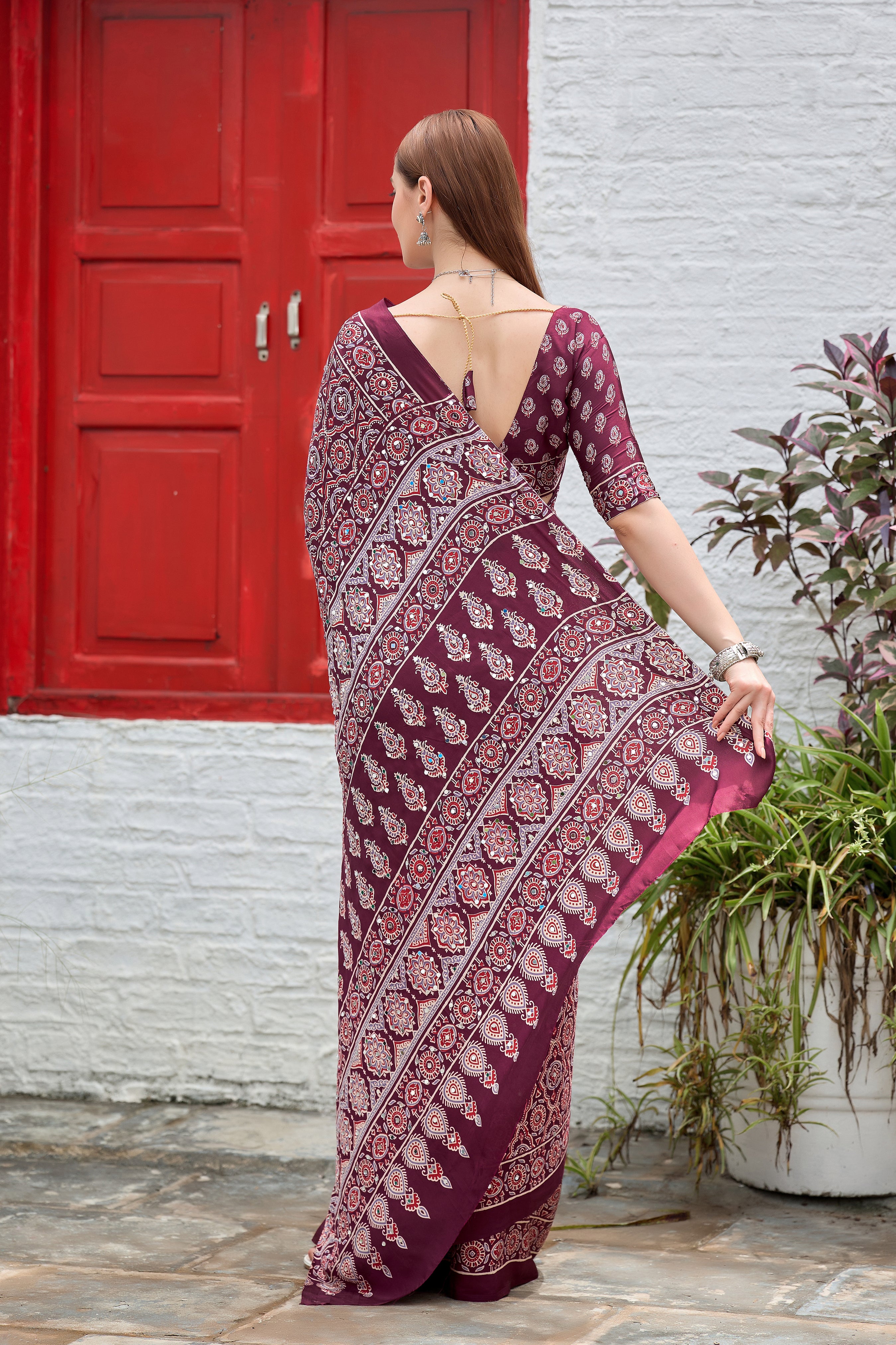 AZRAK Mirror Ajrakh Print Crepe Saree - Maroon