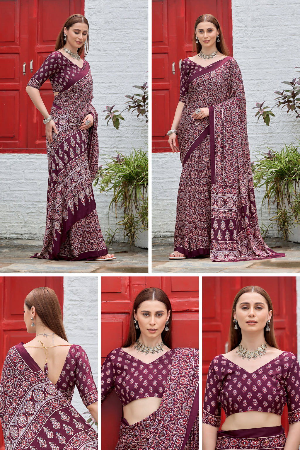 AZRAK Mirror Ajrakh Print Crepe Saree - Maroon