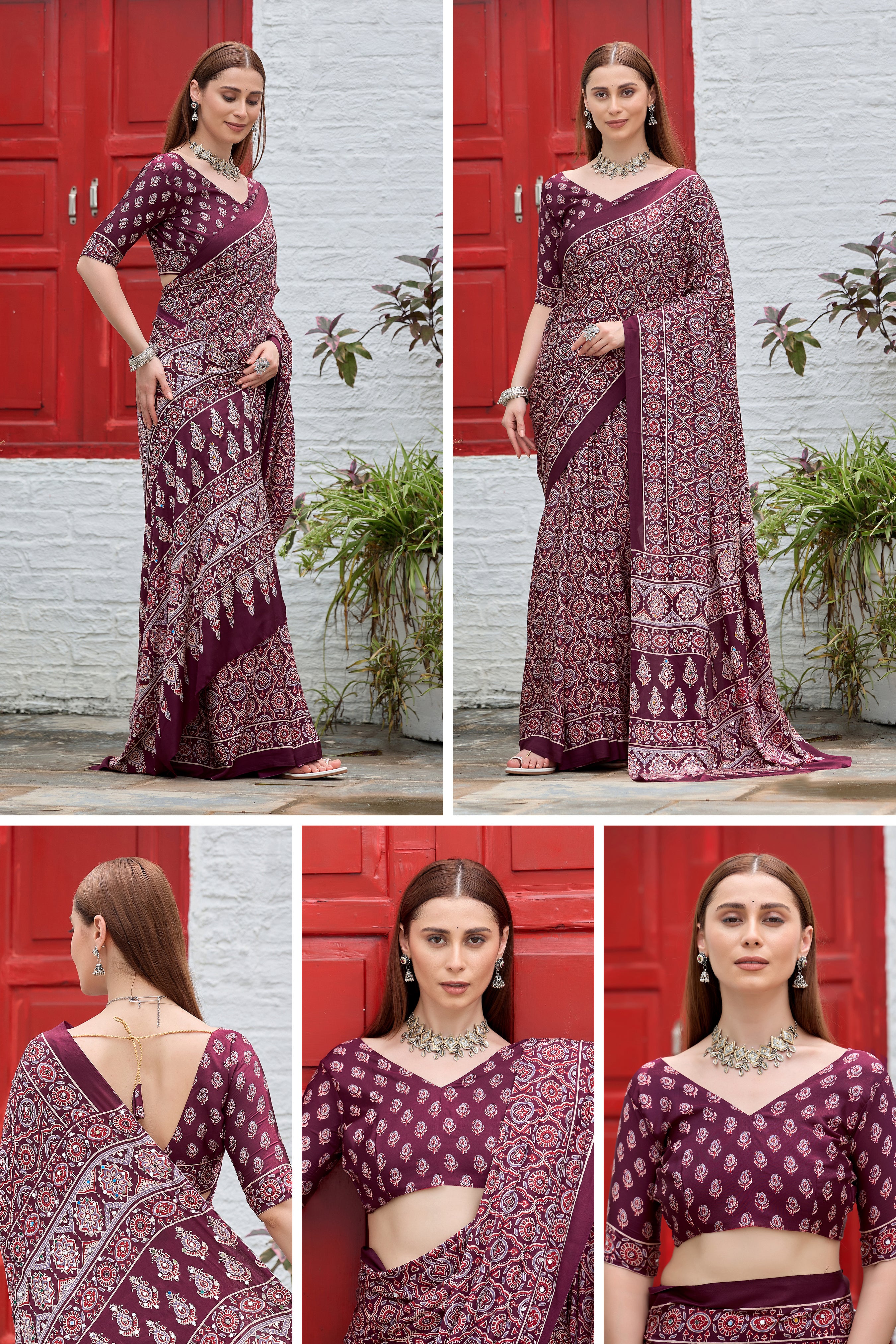 AZRAK Mirror Ajrakh Print Crepe Saree - Maroon