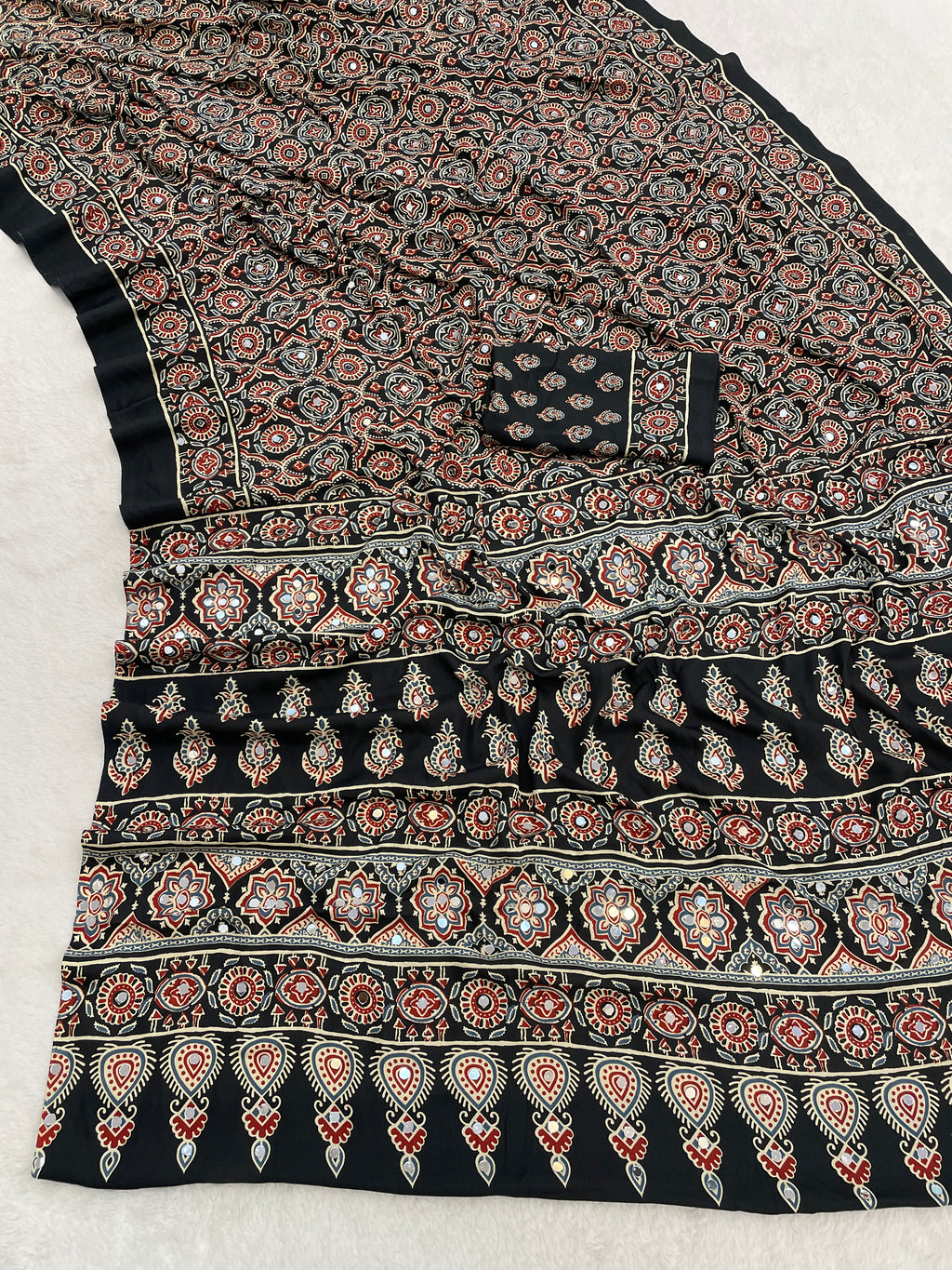 AZRAK Mirror Ajrakh Print Crepe Saree - Black
