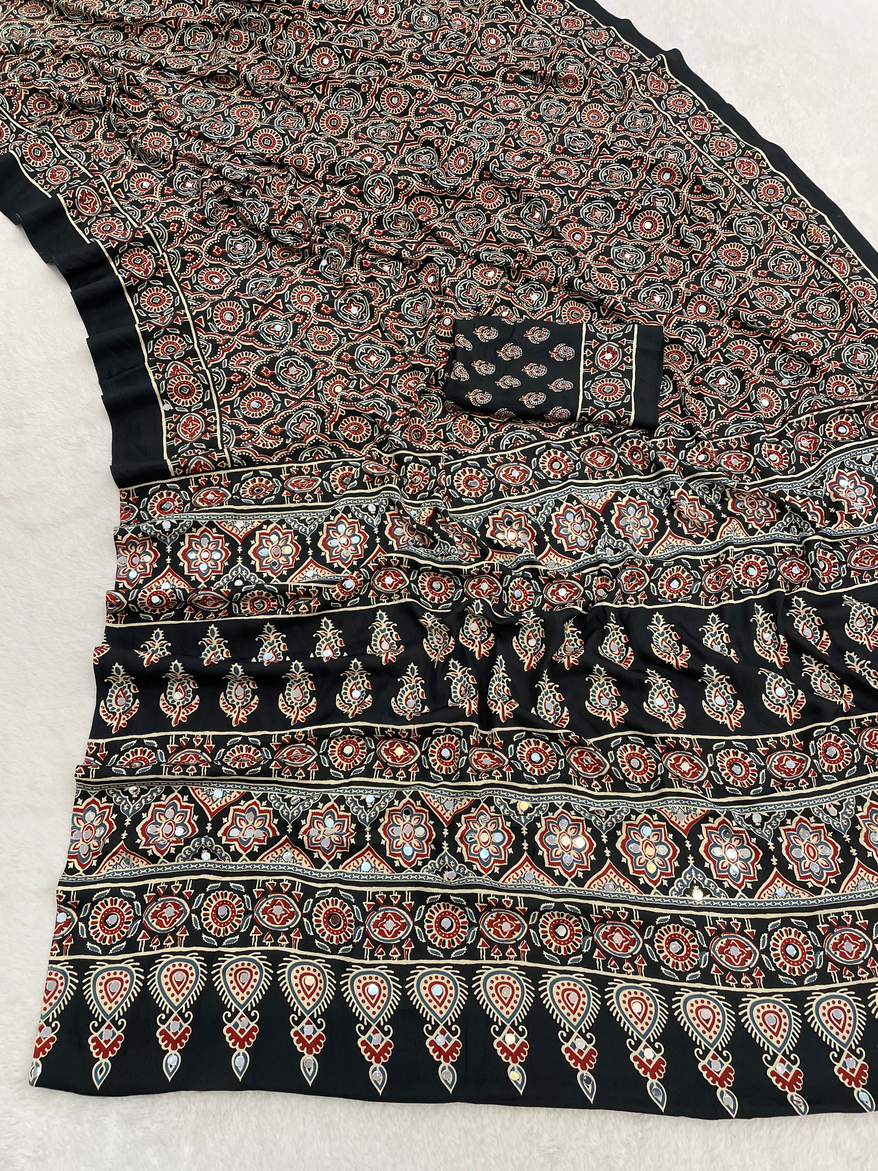 AZRAK Mirror Ajrakh Print Crepe Saree - Black