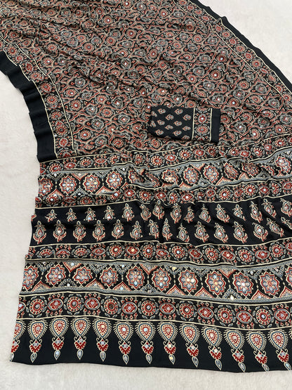 AZRAK Mirror Ajrakh Print Crepe Saree - Black II