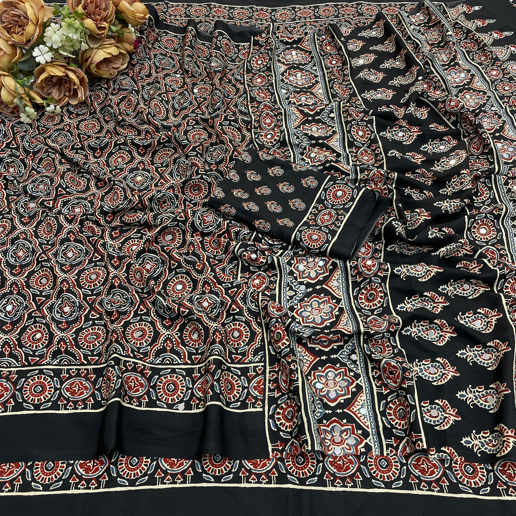 AZRAK Mirror Ajrakh Print Crepe Saree - Black