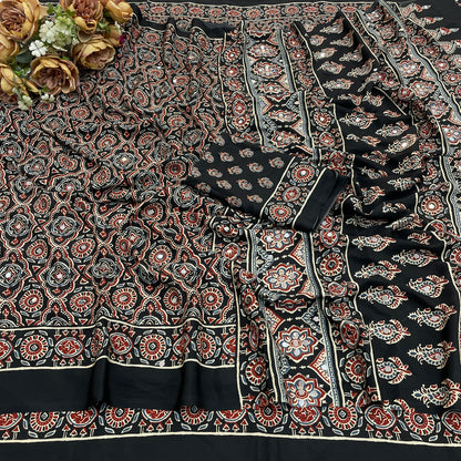 AZRAK Mirror Ajrakh Print Crepe Saree - Black II