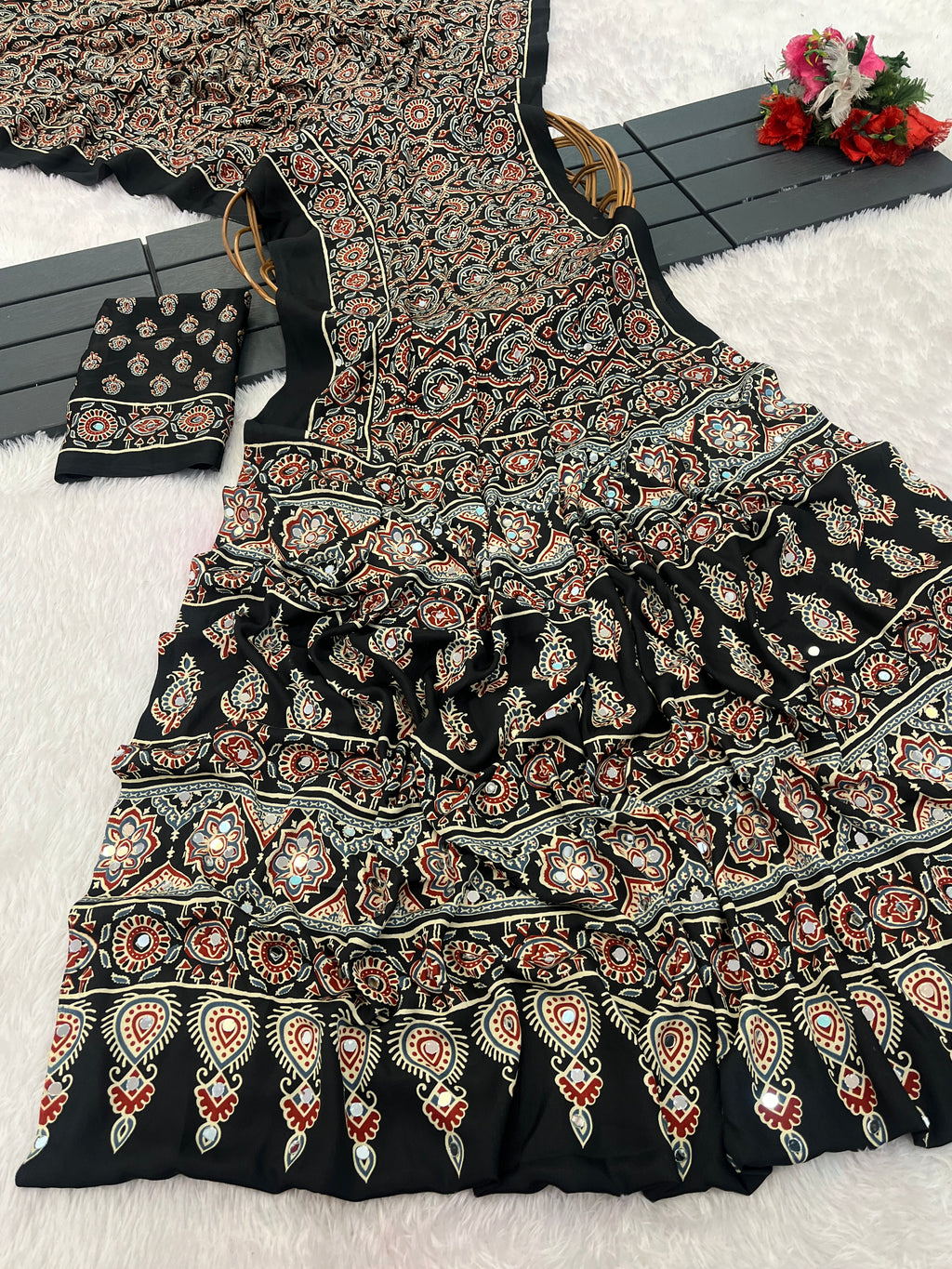 AZRAK Mirror Ajrakh Print Crepe Saree - Black
