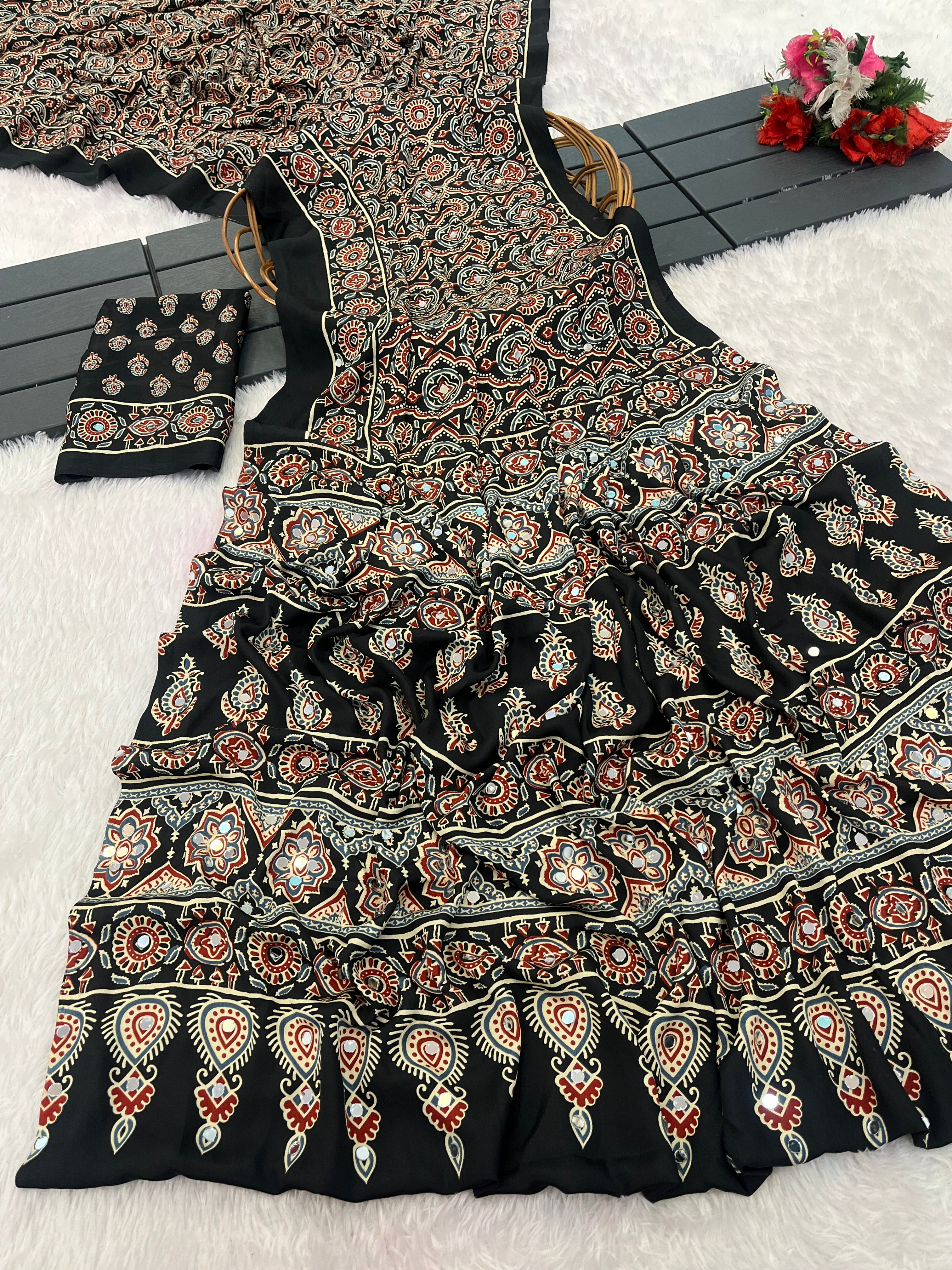 AZRAK Mirror Ajrakh Print Crepe Saree - Black