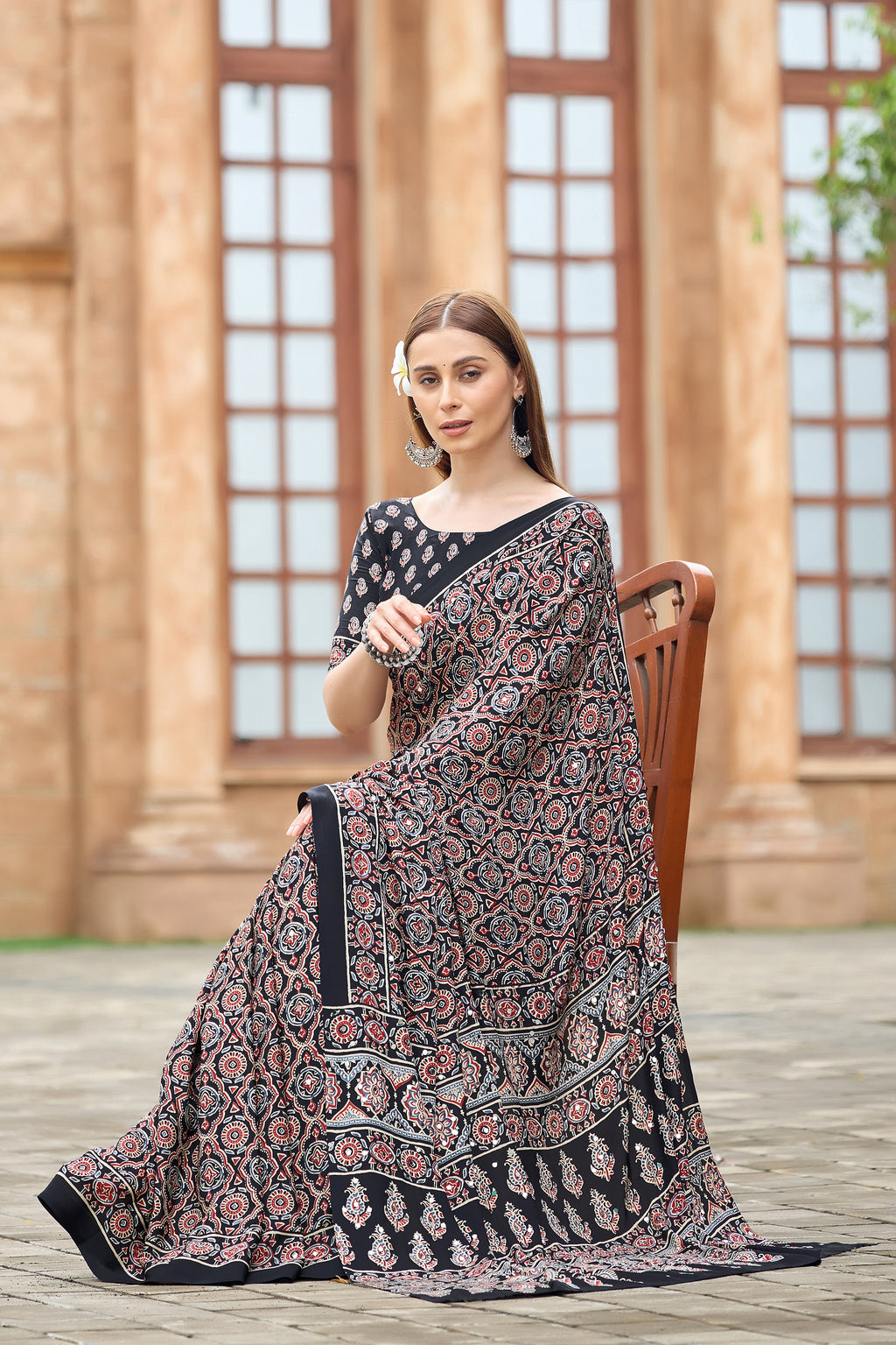 AZRAK Mirror Ajrakh Print Crepe Saree - Black