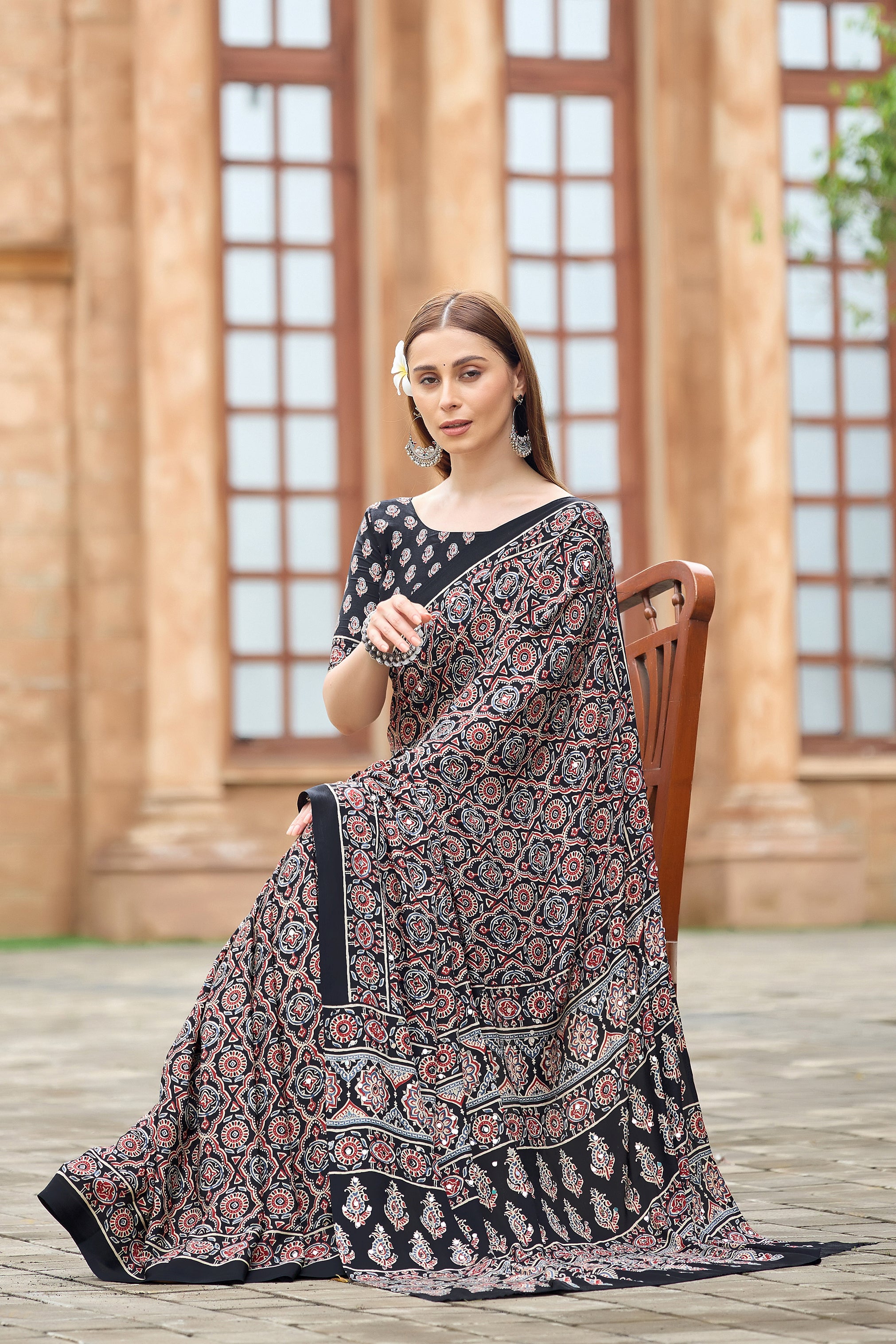 AZRAK Mirror Ajrakh Print Crepe Saree - Black
